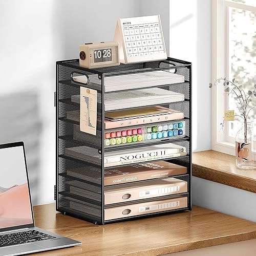 Miniatura 5 de SUBEKYU Organizador de papel de 9 niveles para escritorio, bandeja de cartas de malla de metal negro, organizador clasificador de papel de archivo,