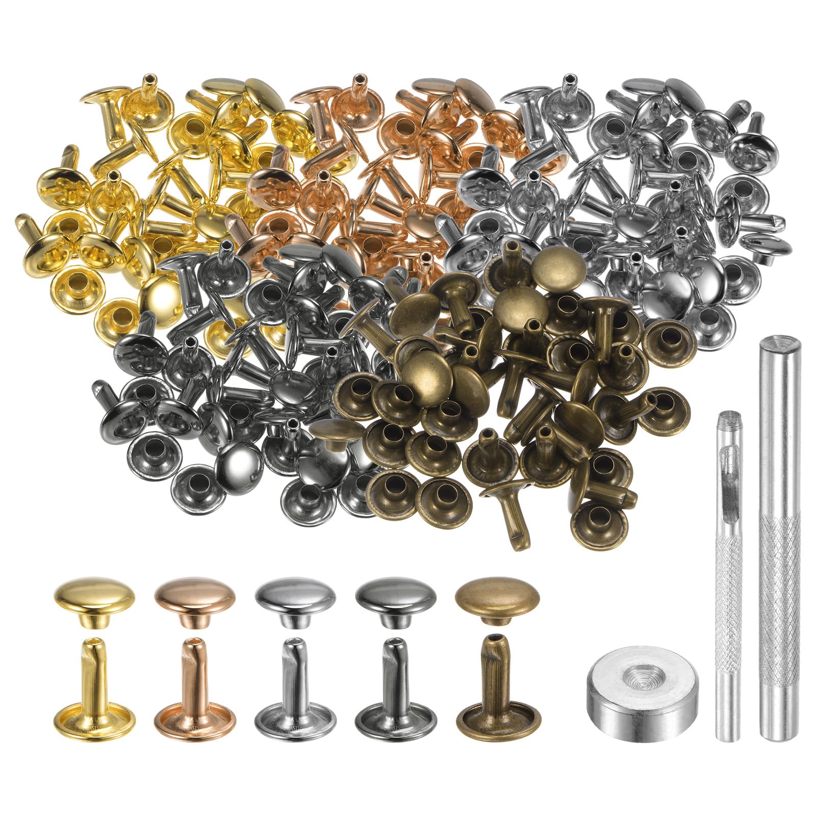 Rivets En Cuir à Double Capuchon - Lot De 100 - 6x6 Mm - Acier Carbone - Pour Ceintures, Sacs, Accessoires - Bricolage Et Réparation