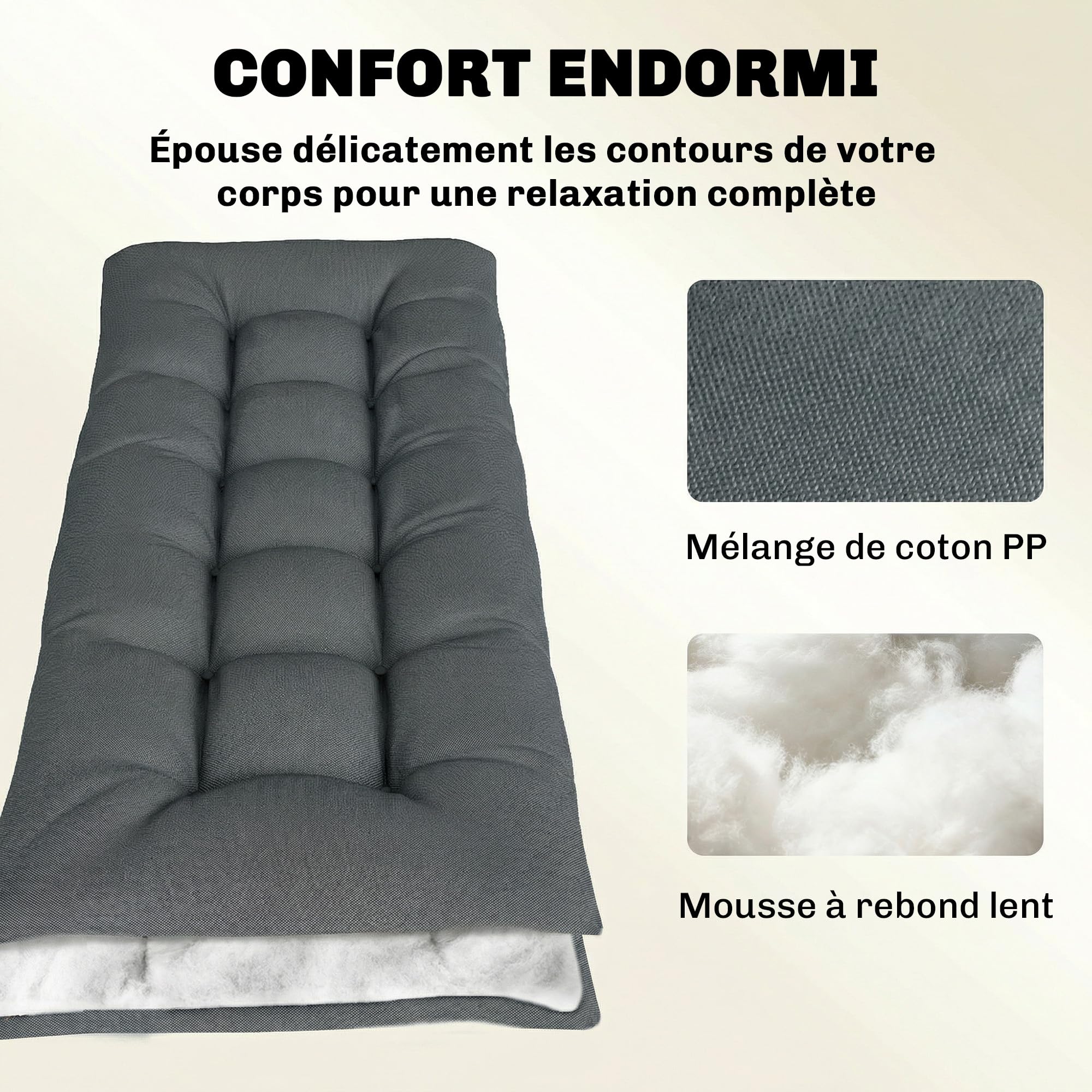 Outsunny Coussin Bain de Soleil Chaise Longue en Mousse à Mémoire, avec Sangles de Fixation, Protection UV50+, Coussin de Banc Matelas Assise pour Canapé Banc de Jardin, 198x65x13cm, Gris foncé