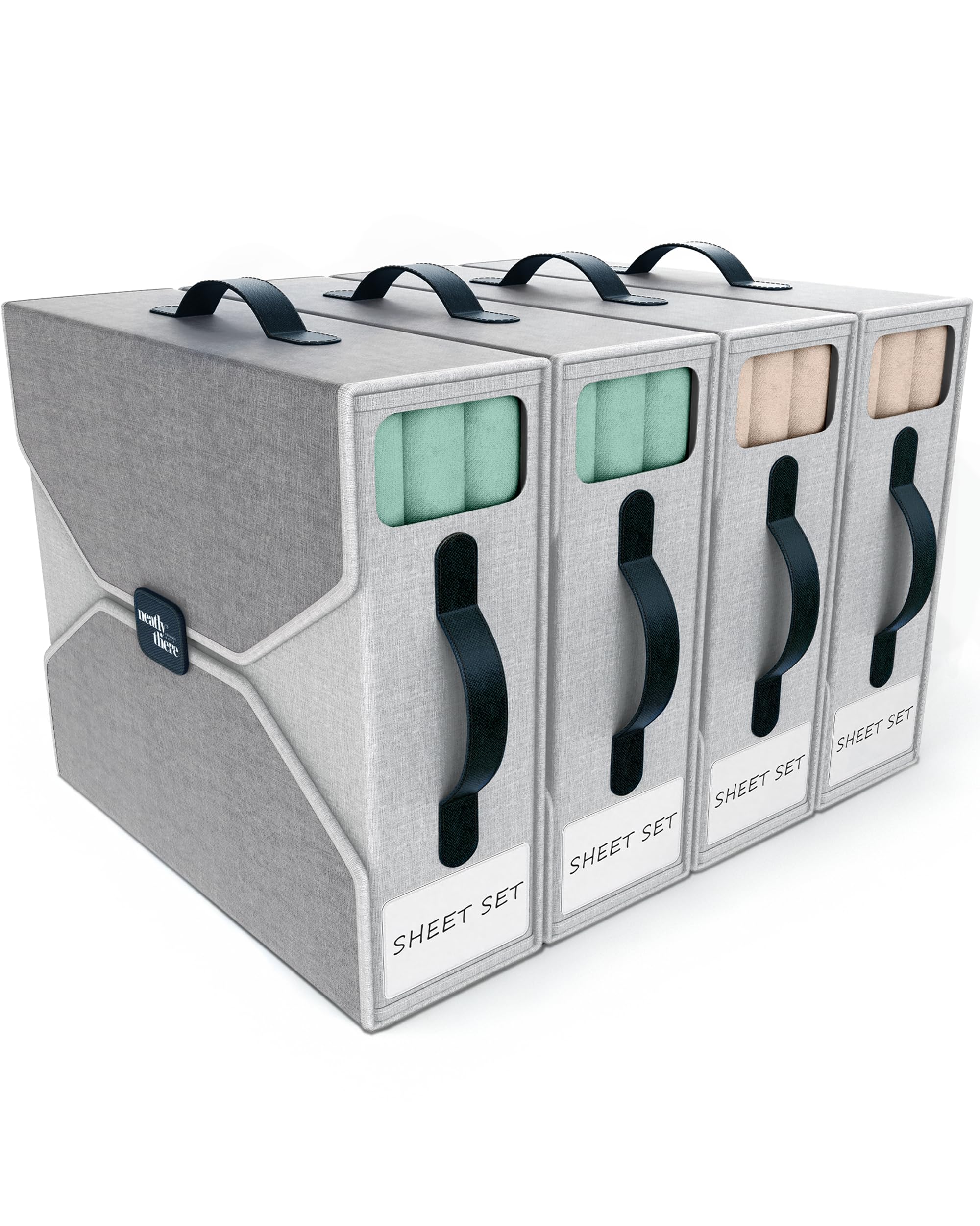 4 Pack Bed Sheet Organizer - Foldable Bedsheet Organizers and Storage, Sturdy Sheet Holder with Window, Labels & Handles for King/Queen Bed, Towels &