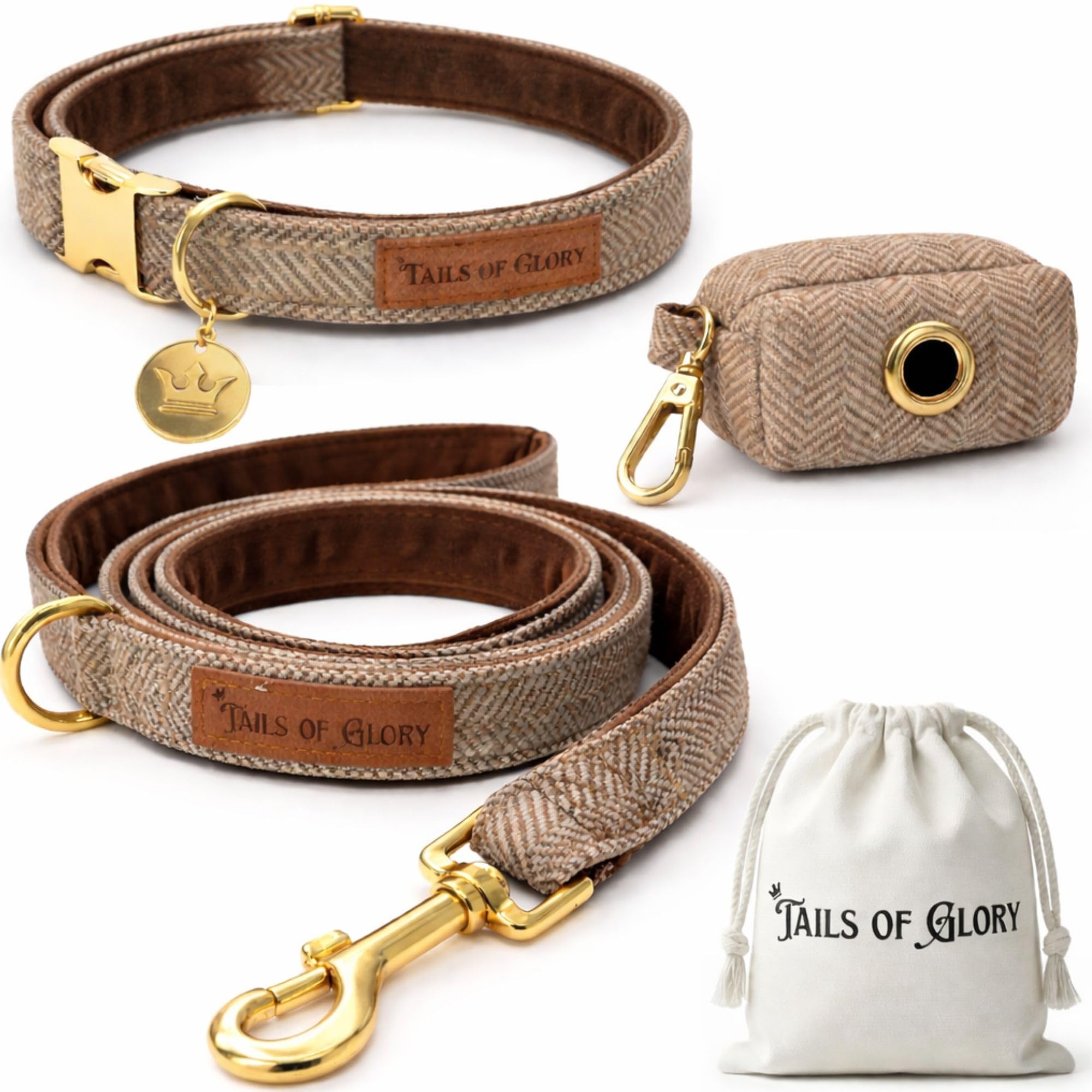 Luxury 3-Piece Dog Collar and Lead Se, Contains: 1 Brown Dog Collar Medium Size adjustable, 1 Leash 150 cm, 1 Poo Bag Holder - English Tweed & Soft Velvet - Elegant, Comfortable & Practical - 4 Colors