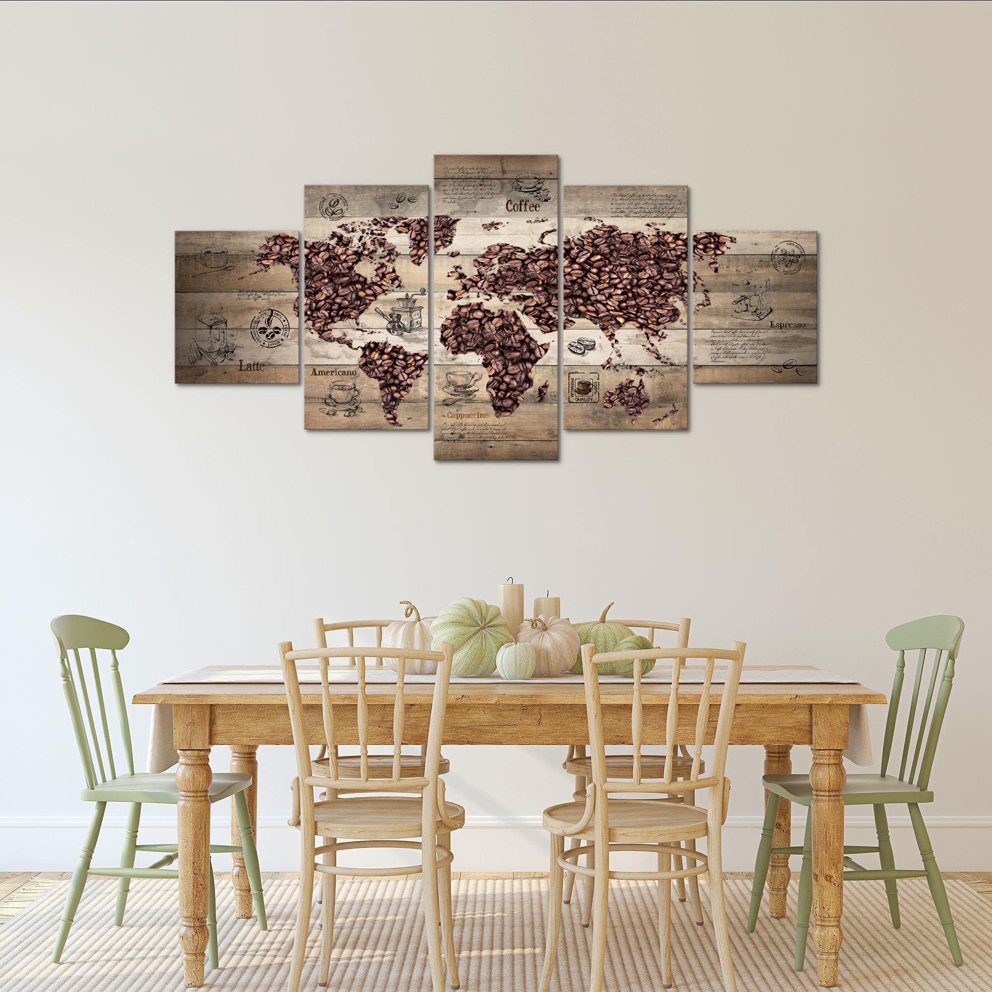Runa Art - Tableau Café De Cuisine 200 x 100 cm 5 parties XXL Decoration Murale Dessin Brun beige 037951b