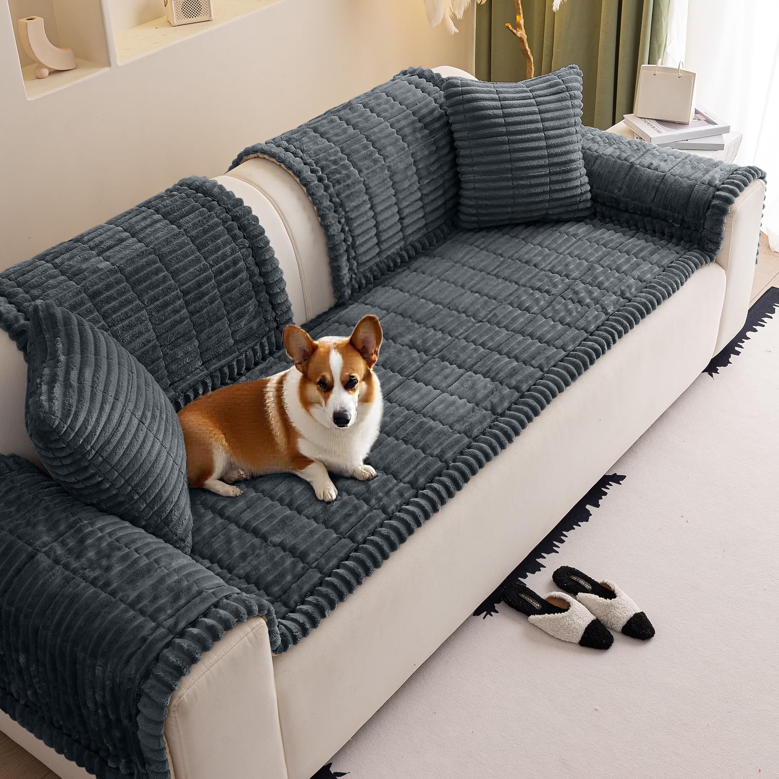 VFGFDJNDFX slumber paws sofa covers, Corduroy Sofa Cover 1 2 3 4 Seater, Non-Slip Plush Sectional Sofa Slipcovers, Pet Proof Furniture Protector (Whisper Dark Gray,90 * 90cm)