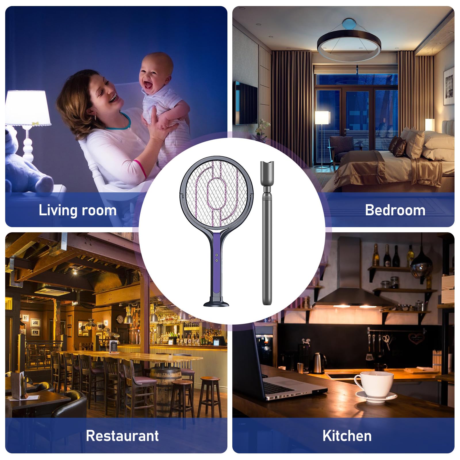 Tapette à Mouches électrique, Tête Rotative Rechargeable, Piège à Mouches électrique avec Rallonge Télescopique Répulsif anti-Moustiques 2 en 1, Tapette à Mouches Rechargeable USB pour Chambre Cuisine