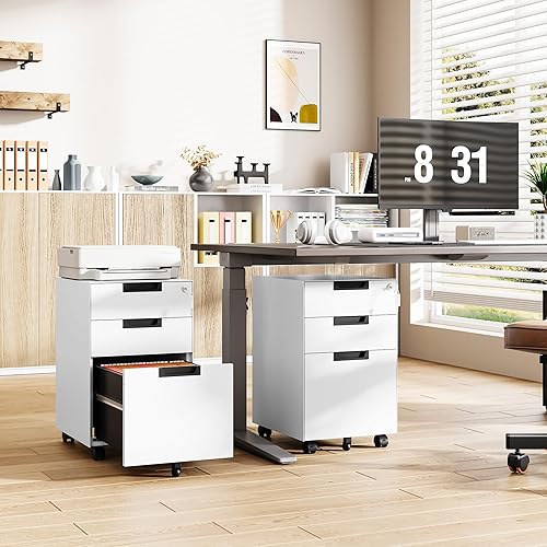 Miniatura 39 de Archivador móvil de 3 cajones con cerradura, archivador debajo del escritorio para oficina en casa, archivadores de metal sobre ruedas para archivo