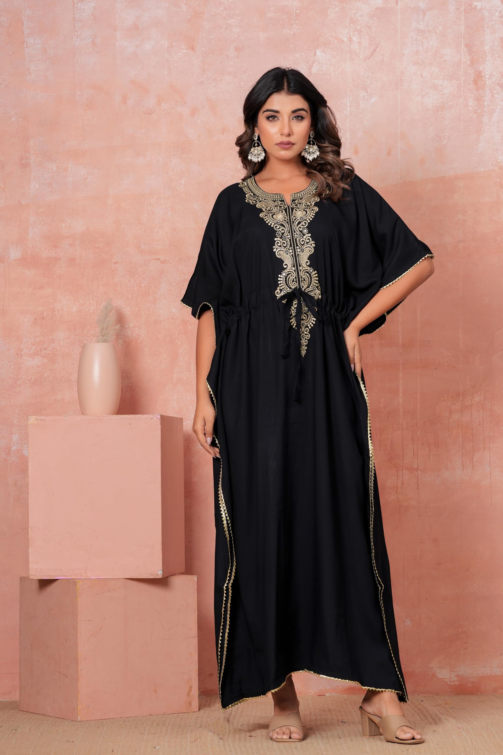 Stylish Embroidered Kaftan for Women | Designer Rayon Free Size Maxi Kaftan Gown. Black-image-44