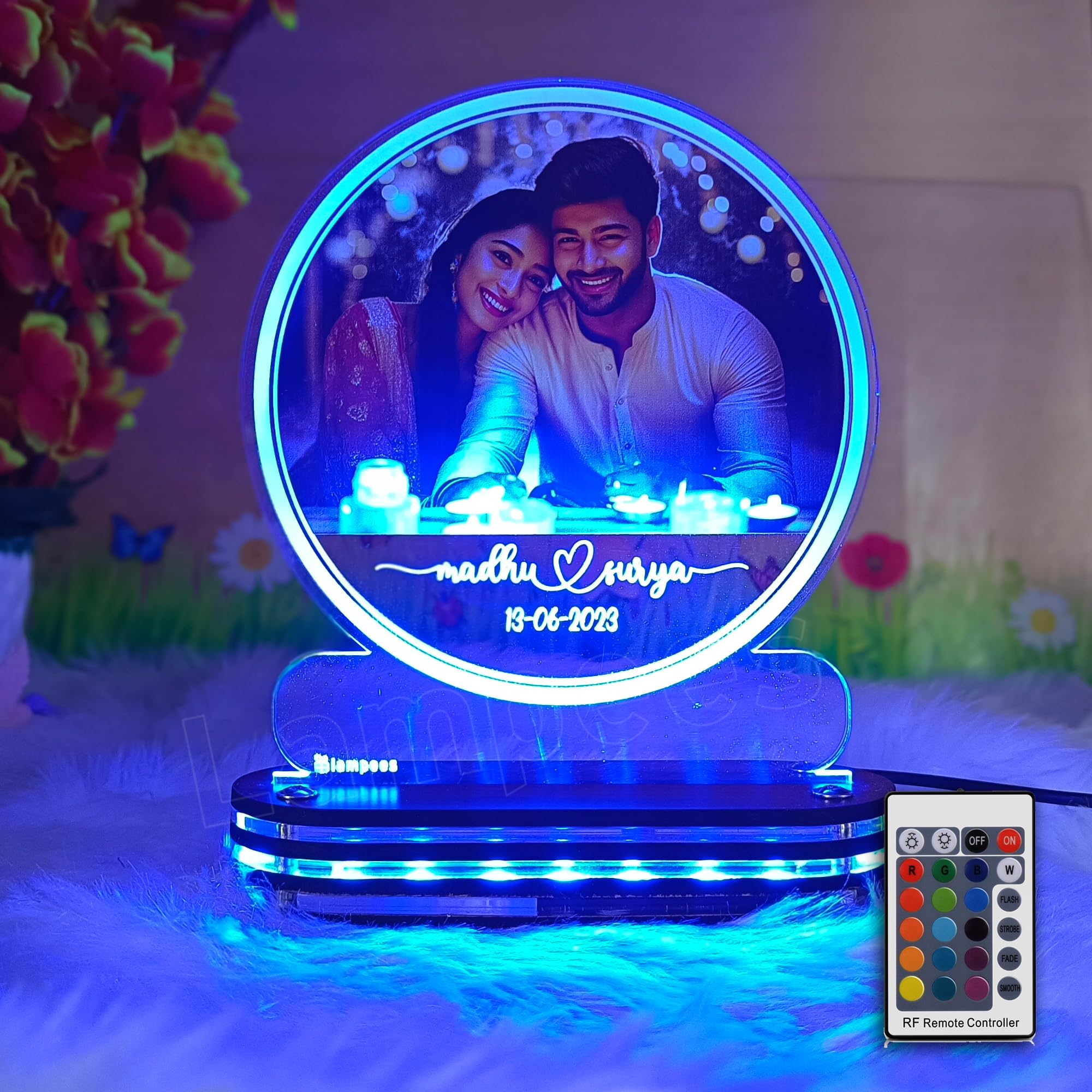 lampees Acrylic Personalized 3D LED Lamp for Couples| Photo Frame with Customized Photo, Name and Date| Wedding Anniversary, Wife, Husband, Valentines Multicolor 2