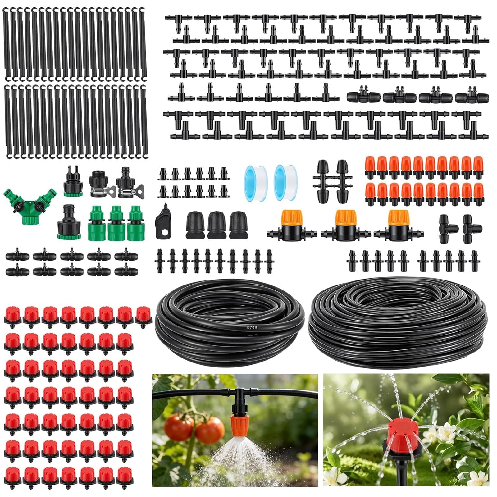 LINGKY 230FT Irrigation System Kit, 340Pcs Garden Watering System, 360° Adjustable Drip Irrigation System with 55 m 4/7"+15 m 8/11" Irrigation Pipes for Greenhouse, Yard, Lawn, Plant