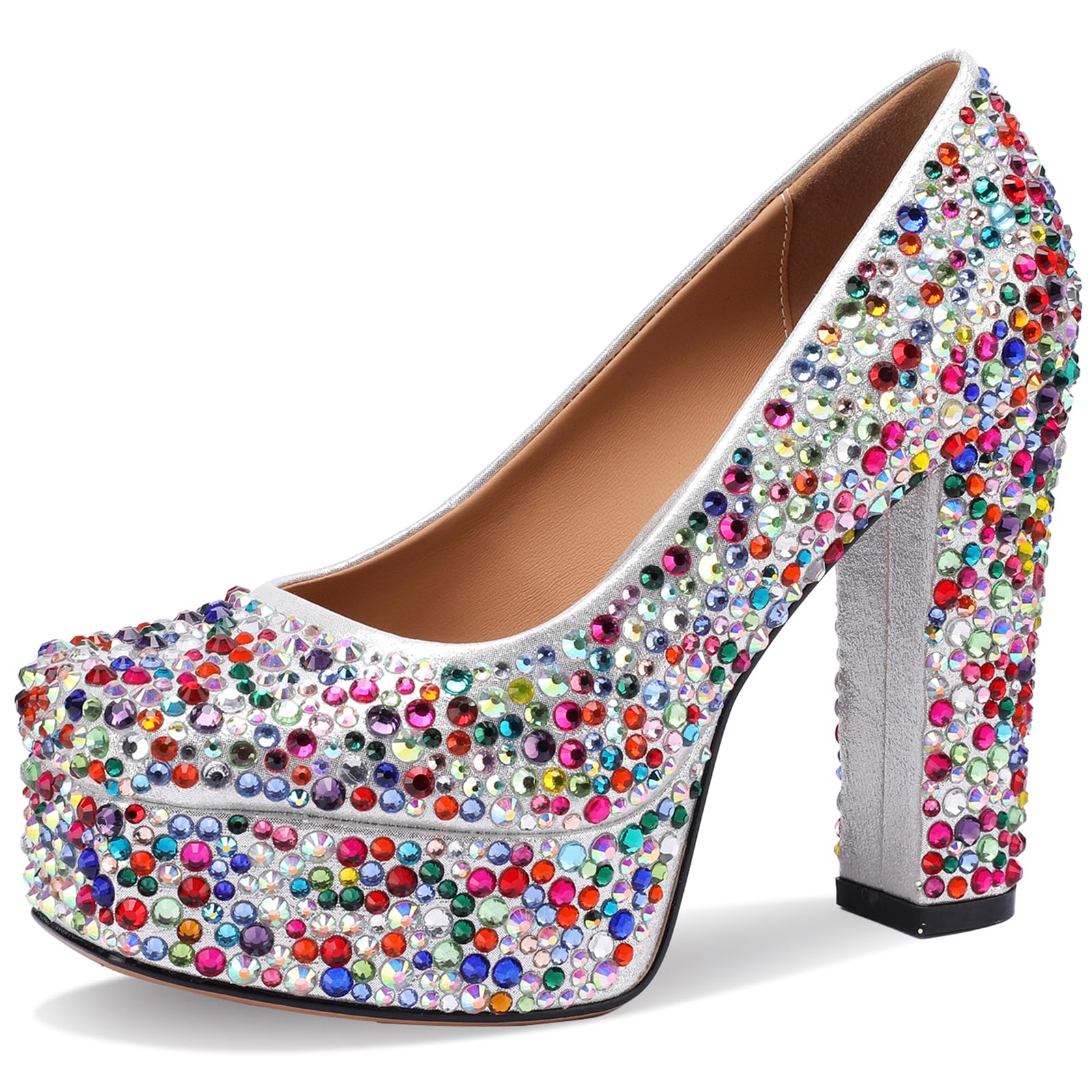 TDD Platform Heels for Women Glitter Crystal Rhinestone Square Toe Closed Toe Chunky Pumps Comfortable Dressy Wedding Elegantes Wide Comfortable