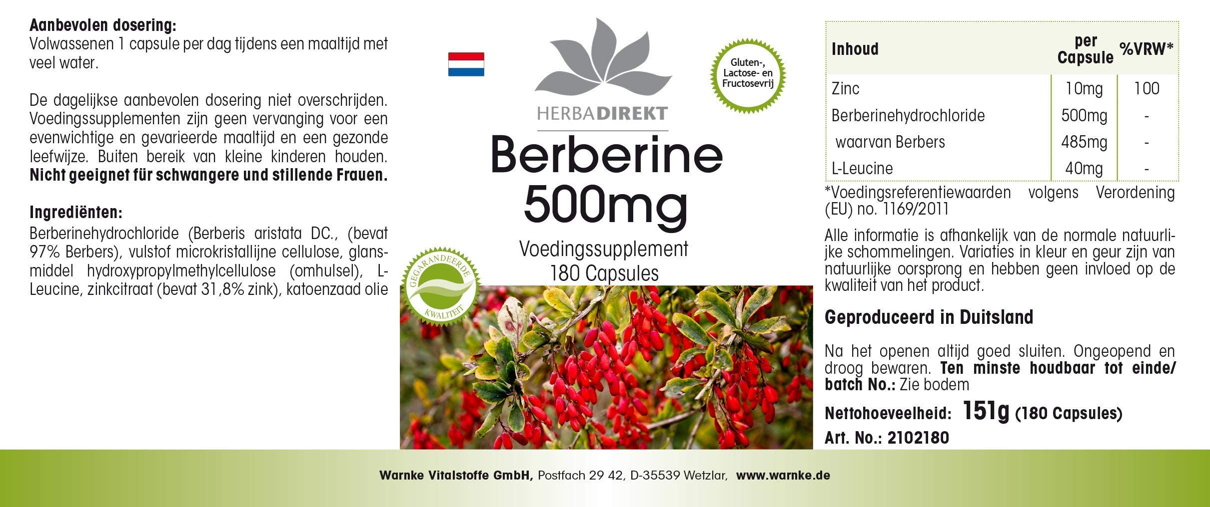 Berberina HCl 500mg + Zinco - altamente dosata - vegana - 180 capsule | HERBADIREKT by Warnke Vitalstoffe - Qualità da farmacia tedesca