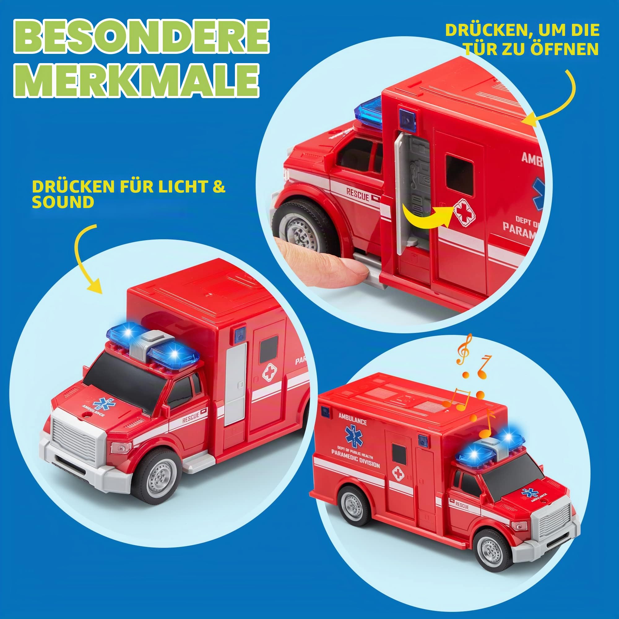 JOYIN 3 in 1 Reibungsgetriebenes Feuerwehr Spielzeug, Rettung Fahrzeug LKW Auto Set mit Hubschrauber, Krankenwagen und Feuerwehrauto mit Licht und Ton, Geschenk für Kinder Jungen