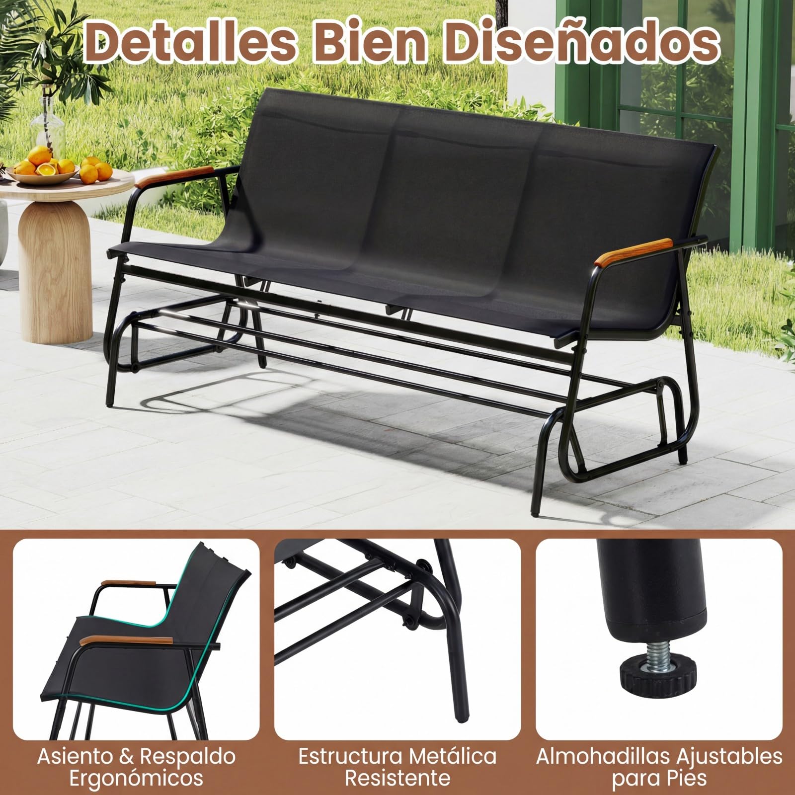 COSTWAY Banco Balancin de 2/3 Plazas, Banco Deslizante con Asiento Largo y Reposabrazos Curvos de Teca, Tela Transpirable, Jardin Terraza Exterior, Carga 300/450kg (Negro,74 x 169 x 84 cm)