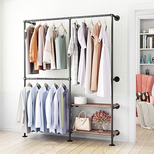 IronJiaZu Percheros industriales de tubería con estantes negros, perchero industrial negro con varillas dobles para colgar, barra de ropa resistente