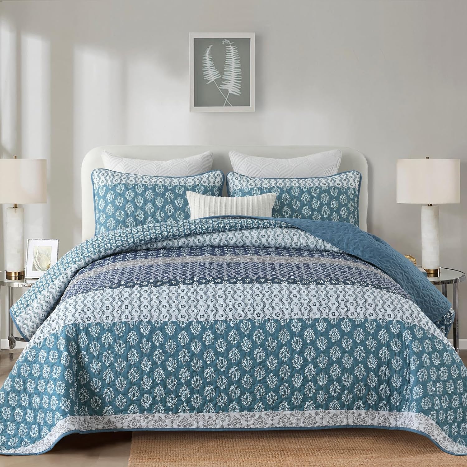 Boho Quilt Set King Size Blue Bohemian Quilt Bedding Set