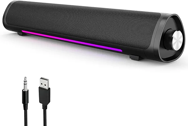Auphyra Desktop Computer Speakers, High-Performance Wired Soundbar for PC, Plug and Play - USB Powered with 3.5mm Audio Cord, Flowing Purple Ambient Light, Volume Control Knob