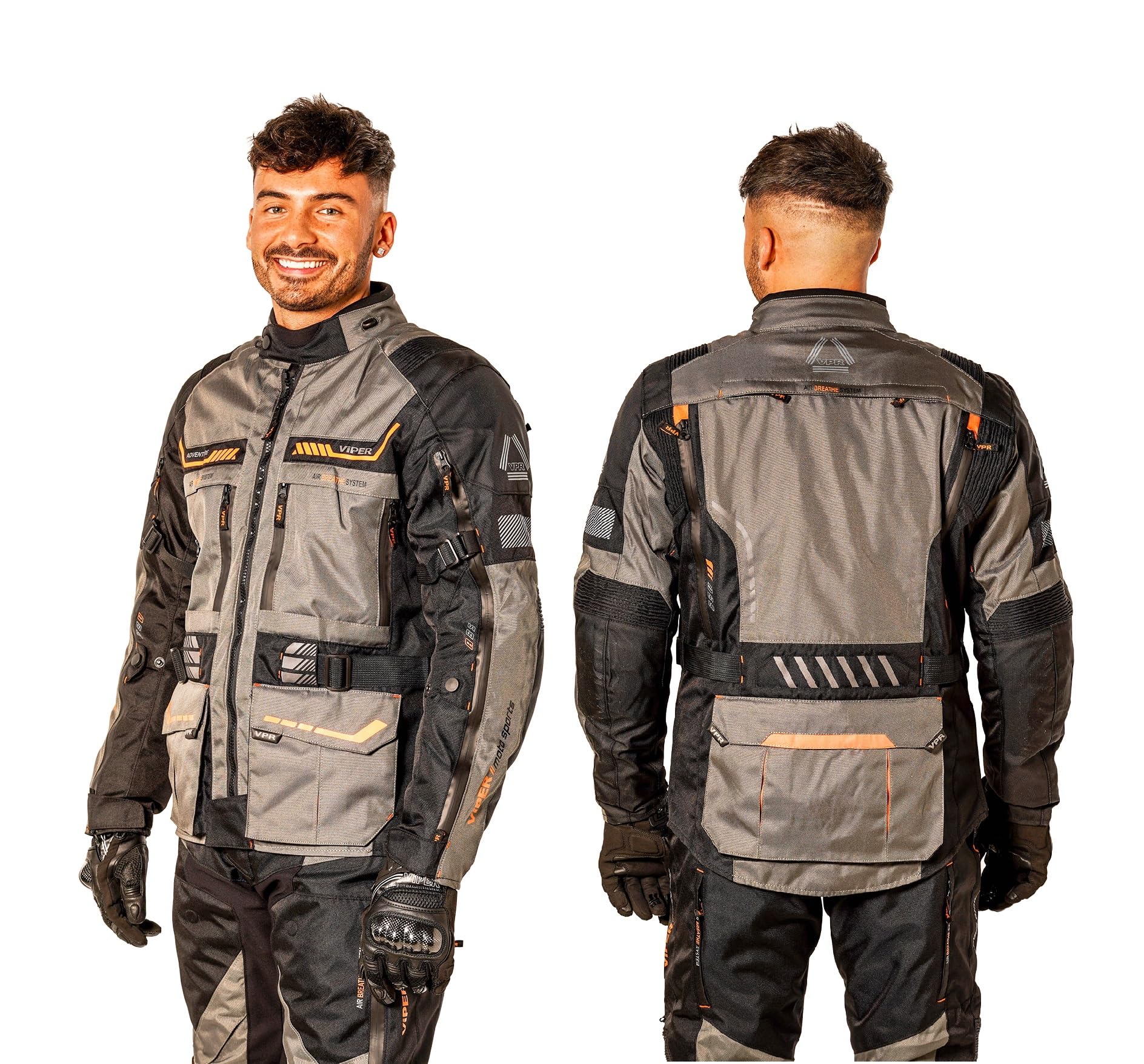 VPR ViPER Guard Adventure Men's Textile Jacket Motorbike Waterproof 600D Motorcycle Biker Jacket CE Armoured (Level A) with Removeable Linings Moped Riding Racing All Weather Protective Jackets (Grey/