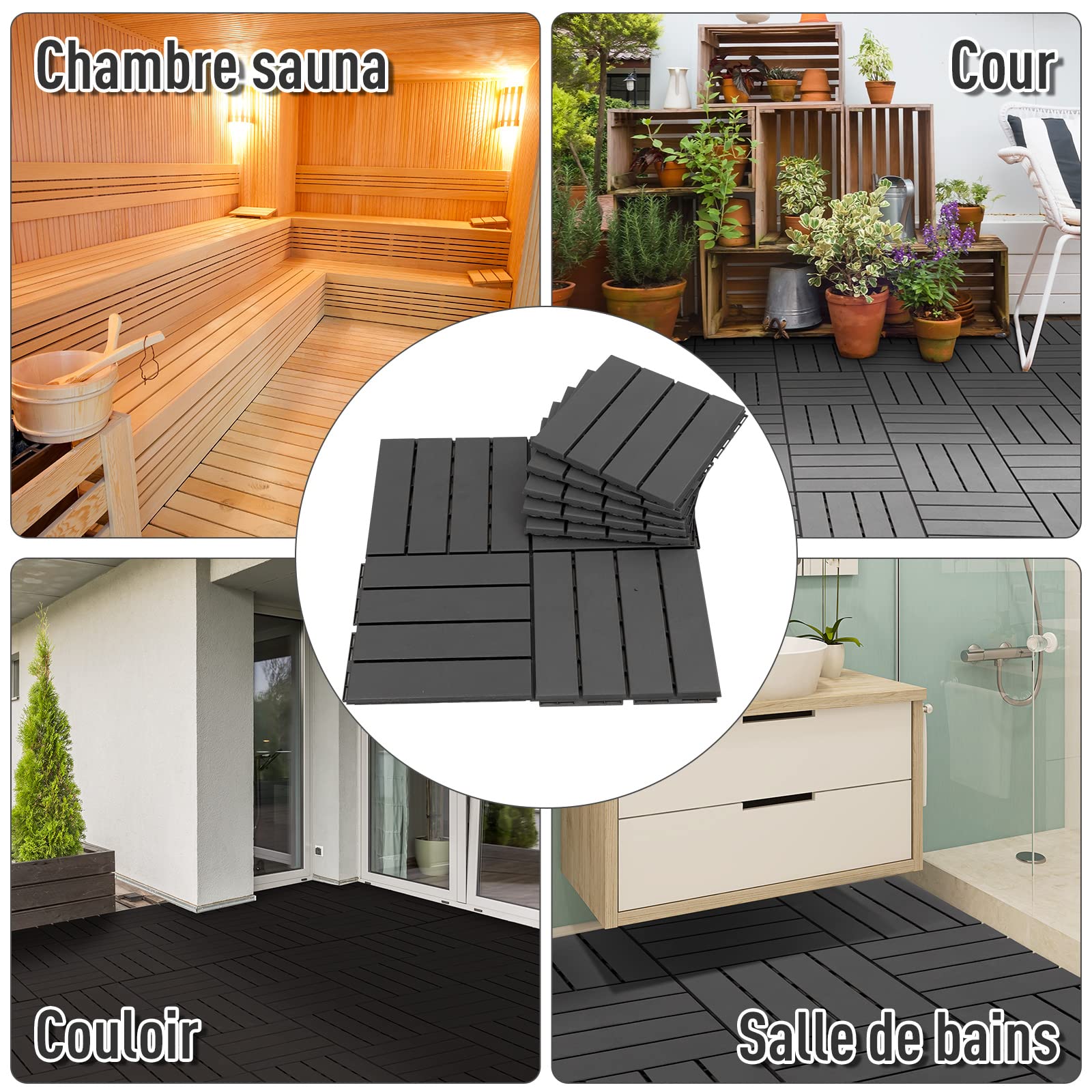 Outsunny Lot de 18 Caillebotis Dalles Terrasse Emboîtables Composite Noir