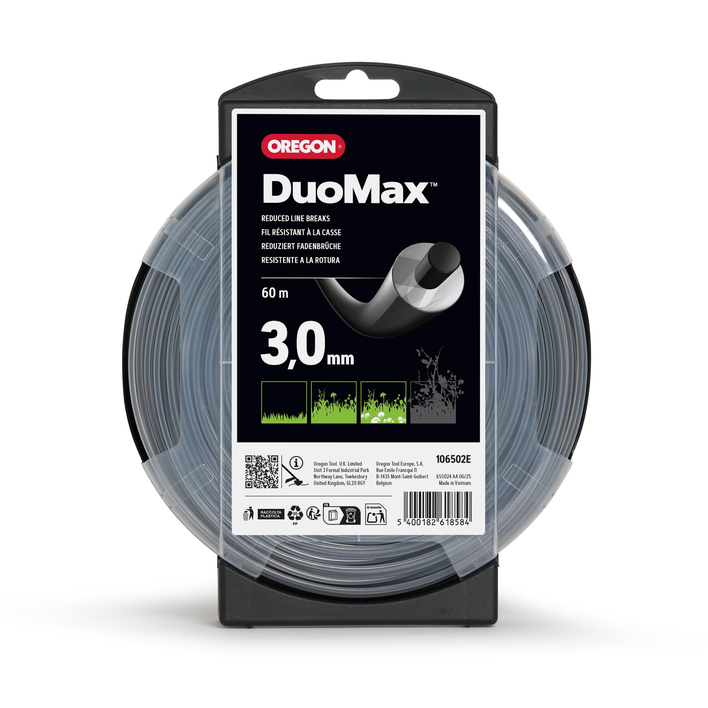Oregon Hilo Material dual para Desbrozadora 3mm, Hierba, Maleza, Vegetación y más, Hilo de Nylon de Gran Resistencia, Compatible con la Mayoría de Modelos Estándar, 3.0mm x 60m (106502E)