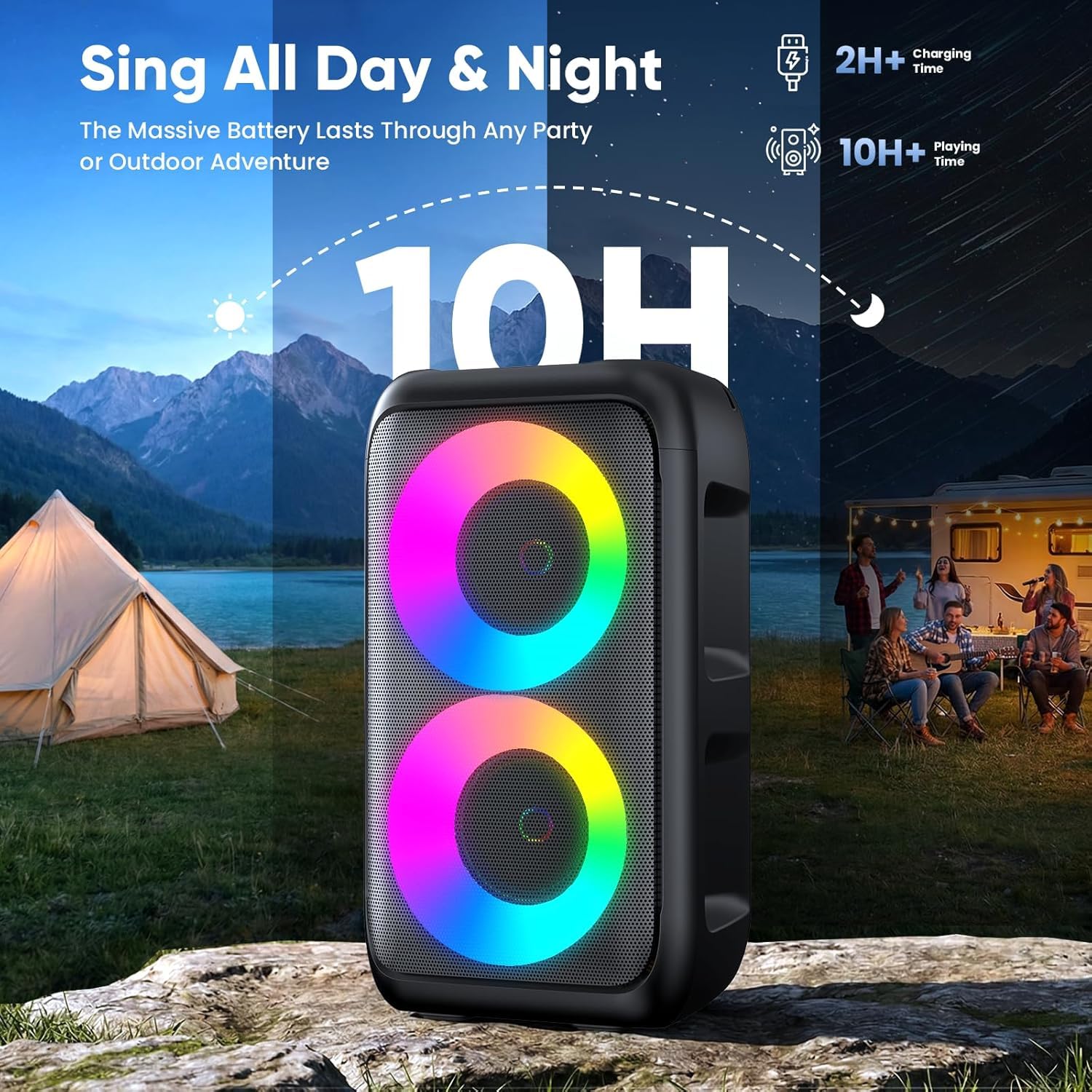 Karaoke con Microfono (2026 Ultimo Modello) | Cassa Bluetooth da 2 x 15W con 2 Microfoni Ricaricabili | 10 Ore di Riproduzione | Supporta Smartphone/TV/TWS/AUX/USB/FM | Per Festa/Casa/Compleanno
