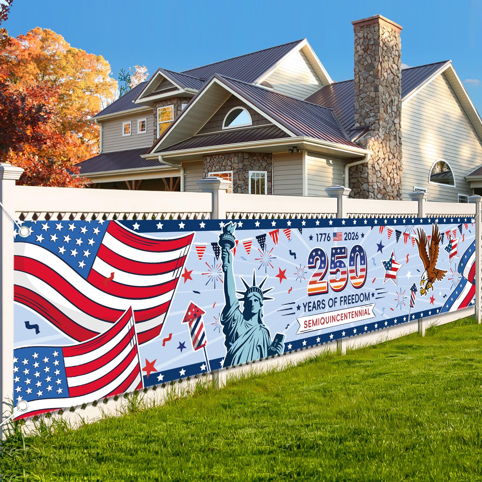 AhfuLife USA Large Backdrop Banner Flag for 250th Anniversary Decorations, 300 x 60cm American Fabric Background Banner for Independence Day, 4th of July, Home Yard Fence Garden Bar Decor
