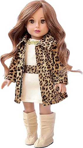Miniatura 6 de Fashion Girl - Conjunto de muñeca de 3 piezas de 18 pulgadas - Abrigo de guepardo, vestido marfil y botas de marfil - (Doll no incluido)