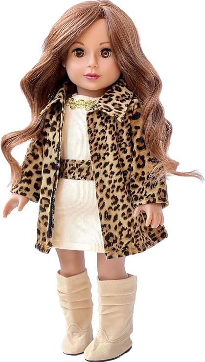 Fashion Girl - 3 Piece 18 inch Doll Outfit - Cheetah Coat, Ivory Dress and Ivory Boots - (Doll Not Included)