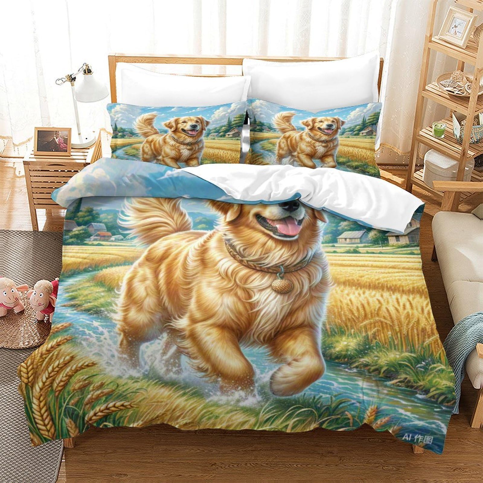 Golden Retriever housse de couette 3D en microfibre douce 260x220cm pour lit Super King avec taie