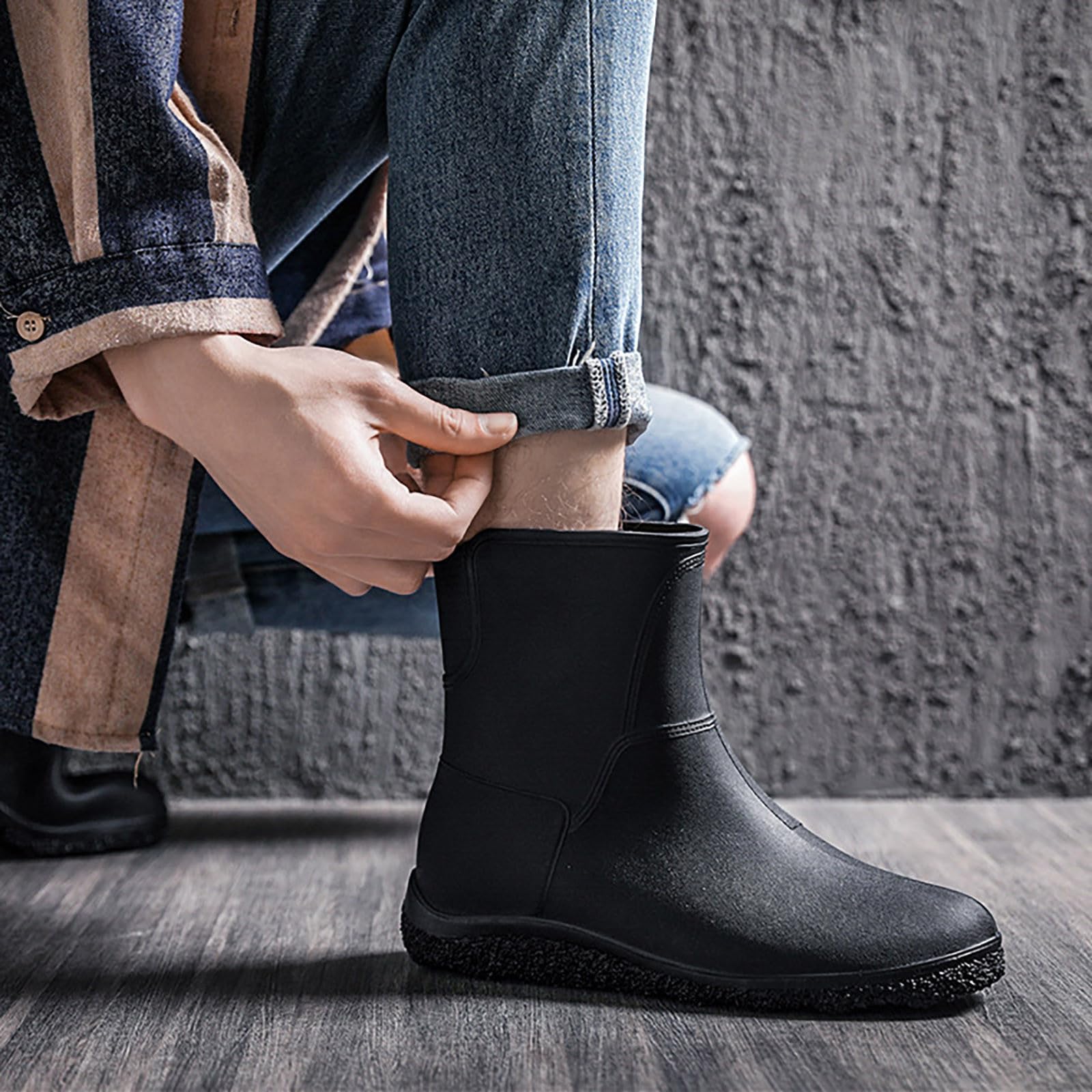 Generisch Stivali di gomma corti da uomo, marroni, antiscivolo, comodi, per giornate di pioggia, Chelsea Boots, tinta unita, suola piatta, mezza stivaletti da viaggio