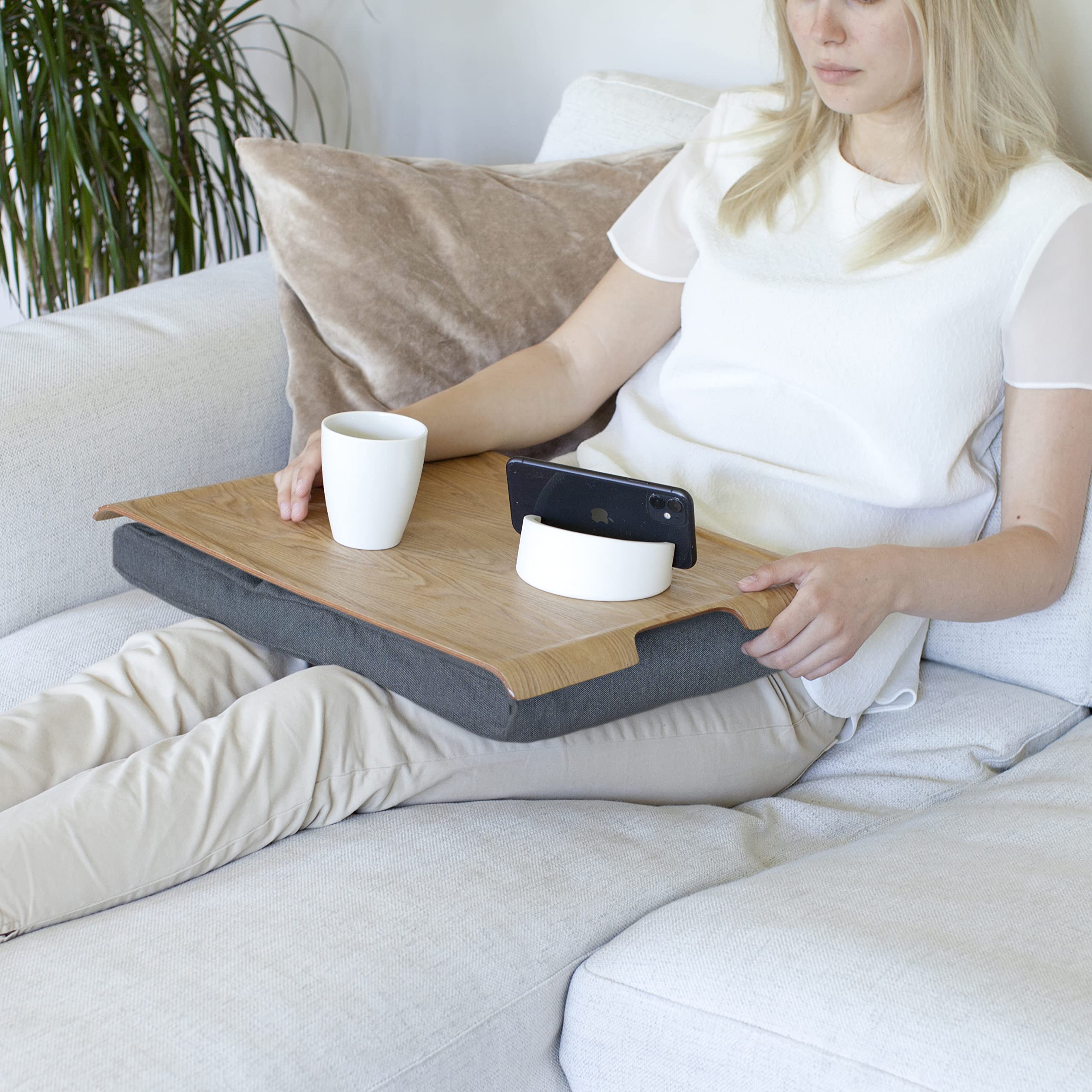 Laptray - Vassoio da ginocchio con cuscino a sacco per laptop, colazione, cuscino rimovibile e lavabile, in salice naturale, cuscino grigio grande, 46 x 38 x 6,5 cm