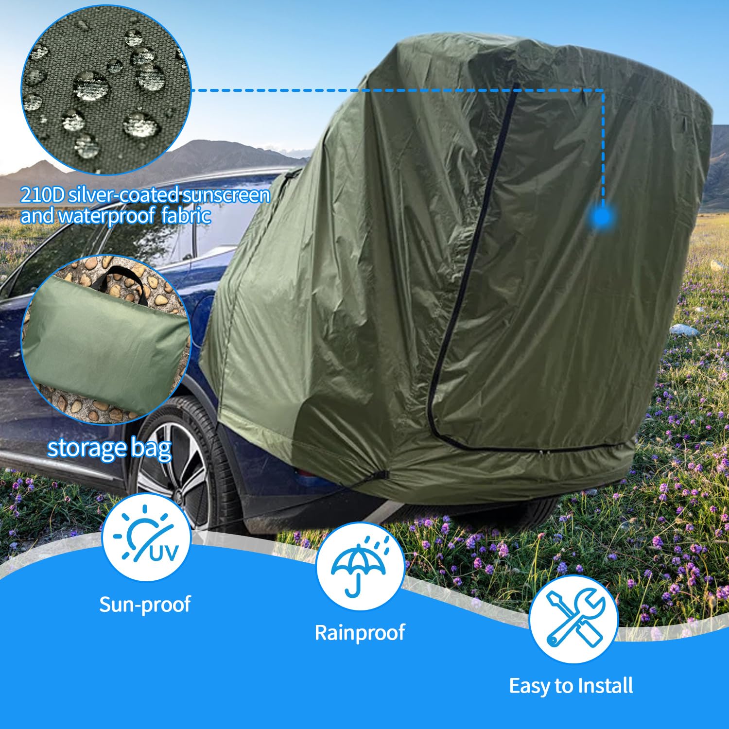 Tente arrière pour voiture avec moustiquaire, coupe-vent, protection solaire et étanche, tente de voiture, hayon, auvent de voiture pour SUV, auvent de voiture pour camping et aventure en plein