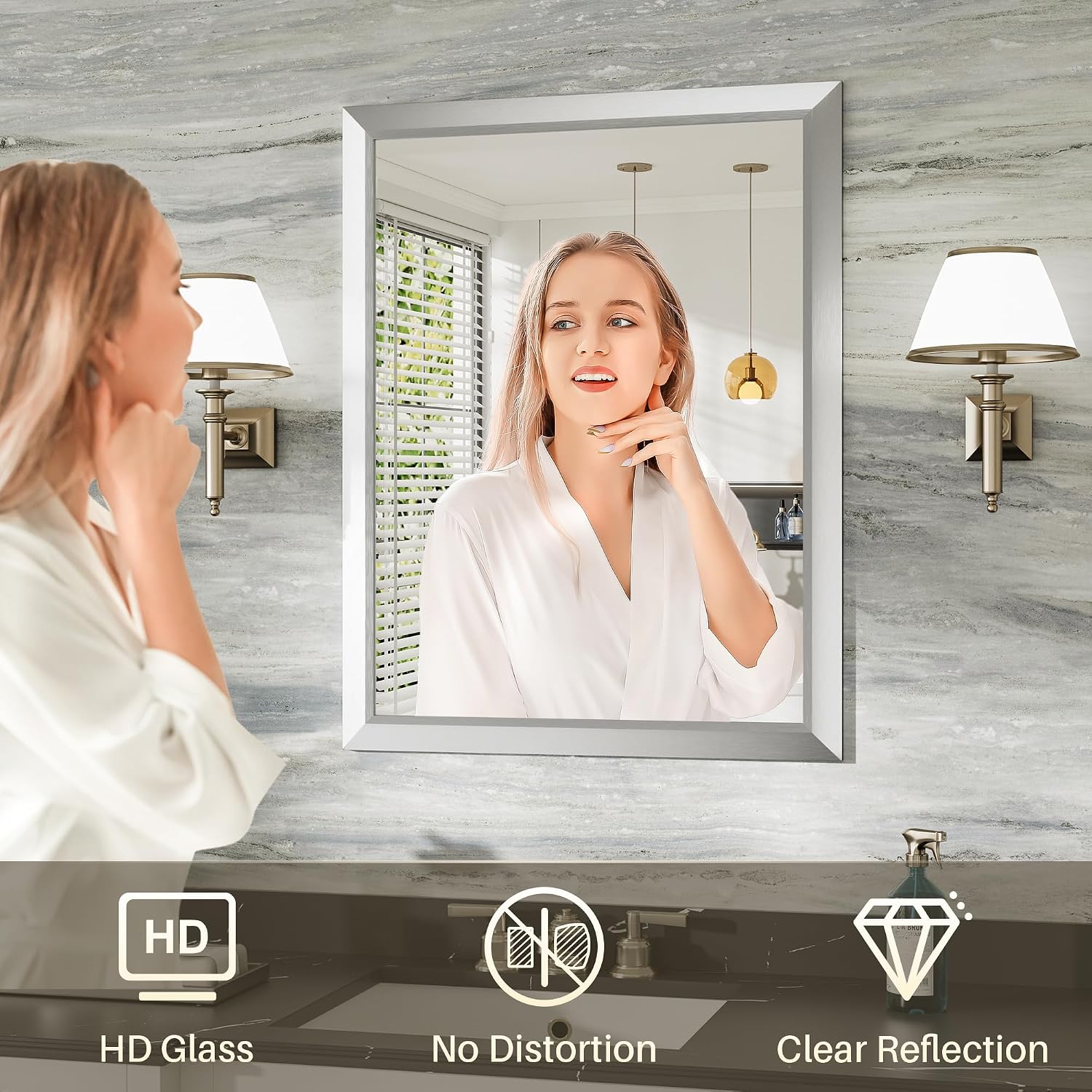 Bathroom Wall Mirror, Silver Brushed Nickel Metal Frame, 22x30 Inch | Anti-rust, HD tempered glass, for bathroom vanity, bedroom, living room, horizontal or vertical mount thumbnail