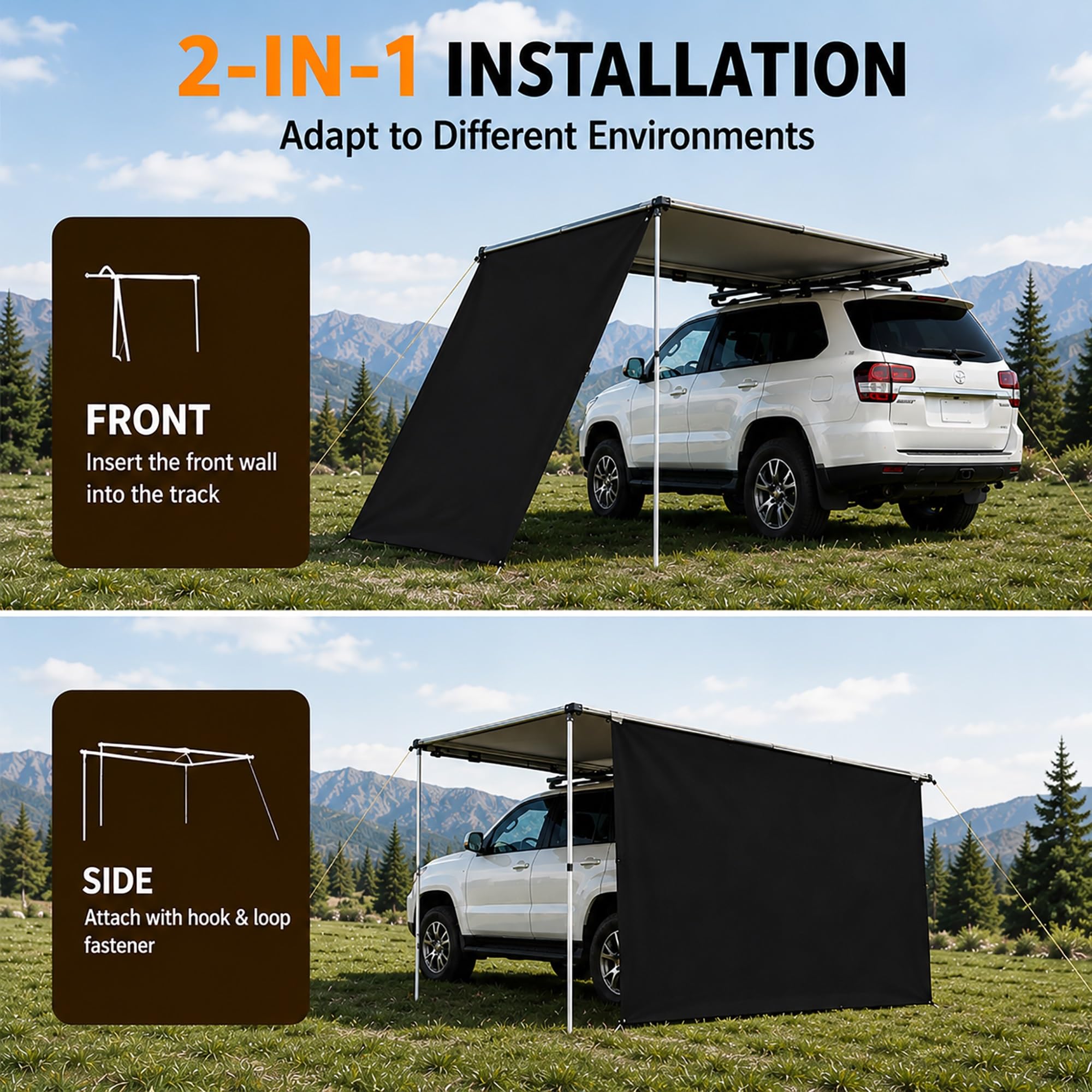 Mehrseitige Fahrzeug Vorzelt Erweiterungswand, Markise Auto 420D Oxford wasserdichte Vorzeltwand Set, UPF 50+ Sonnenschutz Verdeck für Camping Einsatz(Black,200x250cm/6.6x8.2ft)