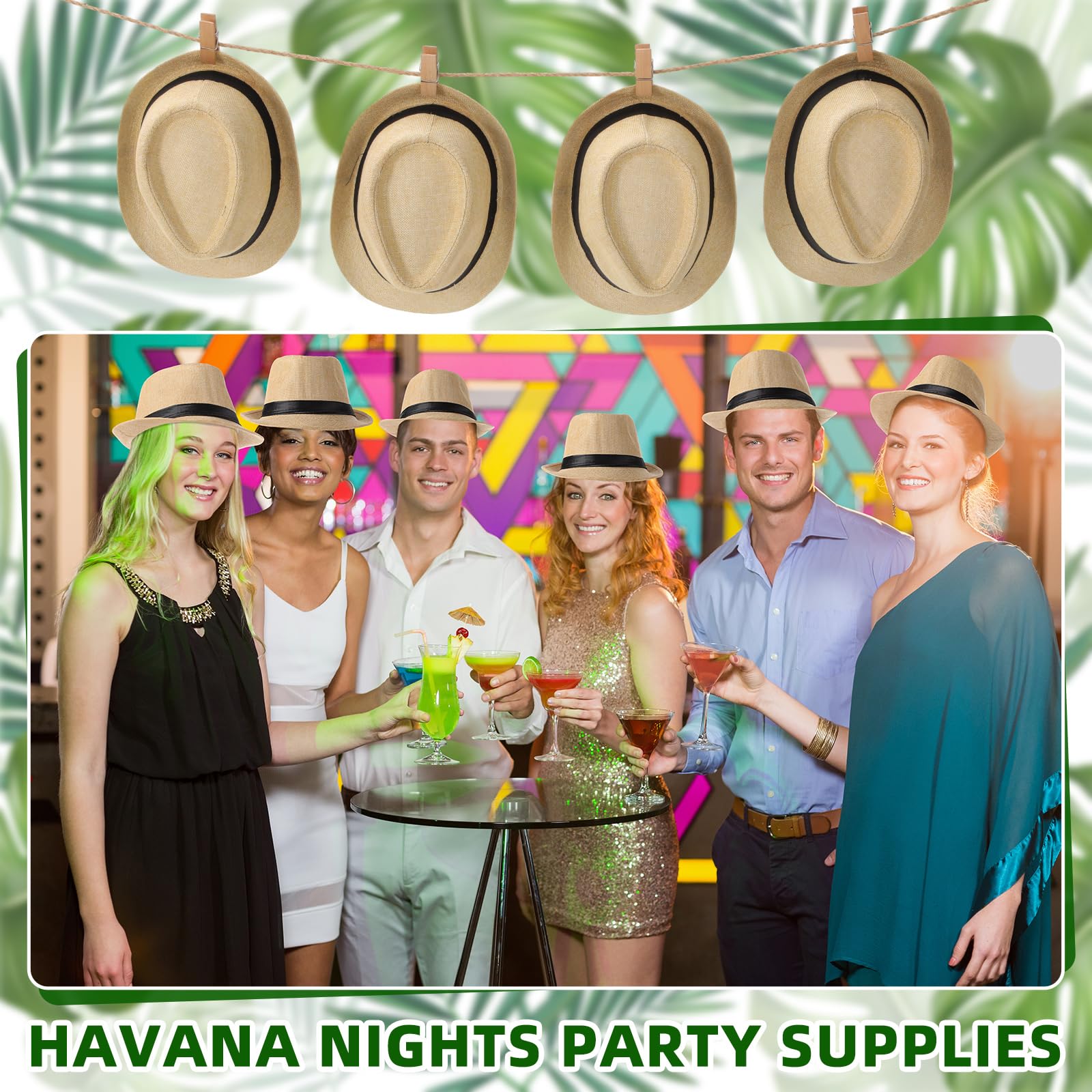 Chicingyou 20 Stück kubanische Party-Dekoration, Havanna-Nacht, Geburtstag, Party-Banner, 1920er-Jahre, Stroh, kurze Krempe, Sonne, Panama-Hüte, kubanische Hüte, Großpackung, tropische Hochzeit