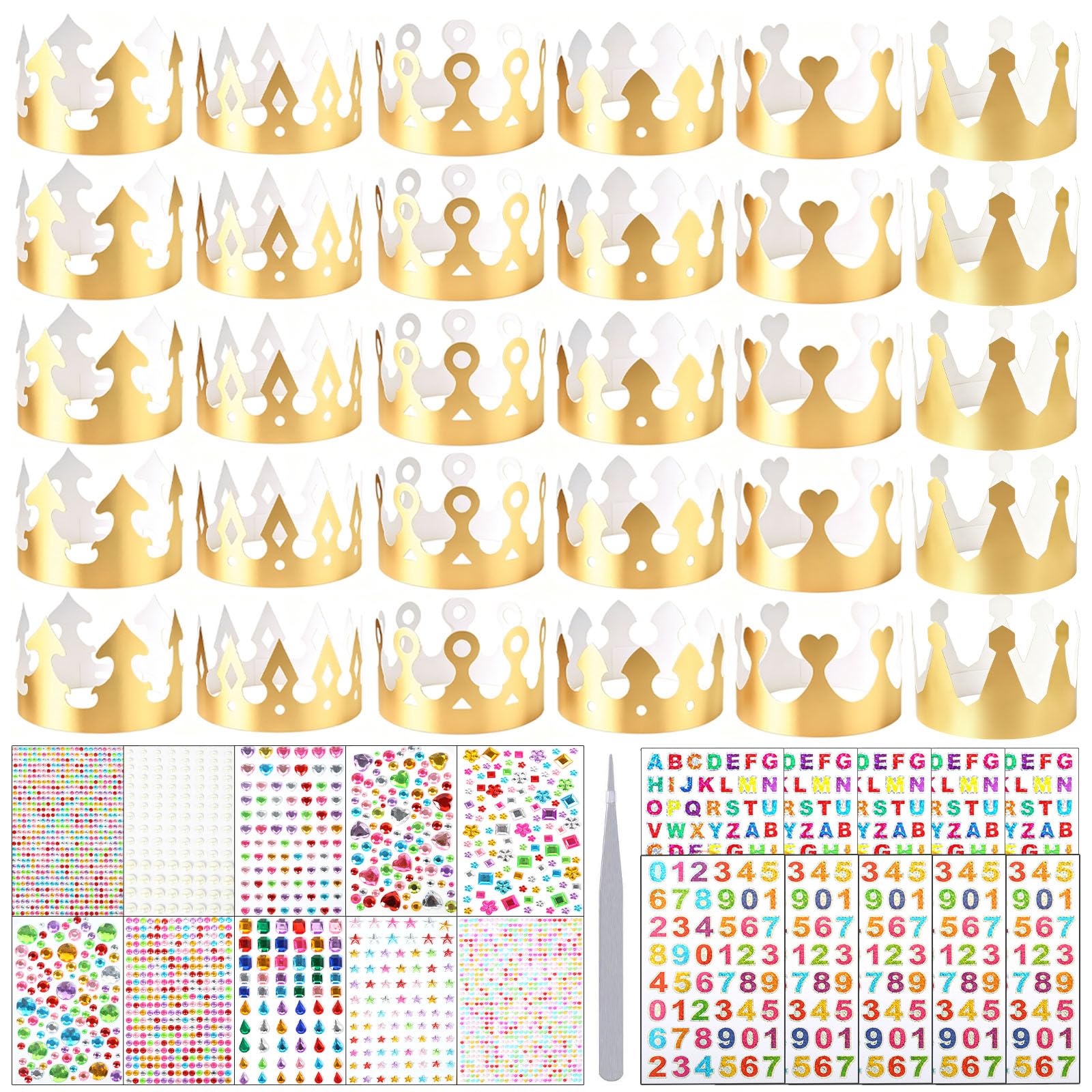 30 Pcs Paper Crowns Gold Paper Party Hats Set with 20 Sheets Gem Jewels Alphabet Number Letter Stickers, Jubilee Hats Crowns for Adults DIY Papers Crown Princess Prince Crown for Party Celebration (C) โ image 1