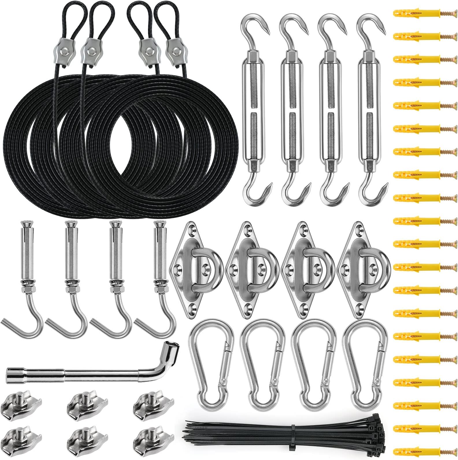 Sun Shade Sail Hardware Kit with 4pcs 10ft Extension Nylon Wire Rope | 304 Stainless Steel Turnbuckles & Brackets,Triangle/Rectangle Canopy,Patio Sails Installation Set,Outdoor Sail Accessories