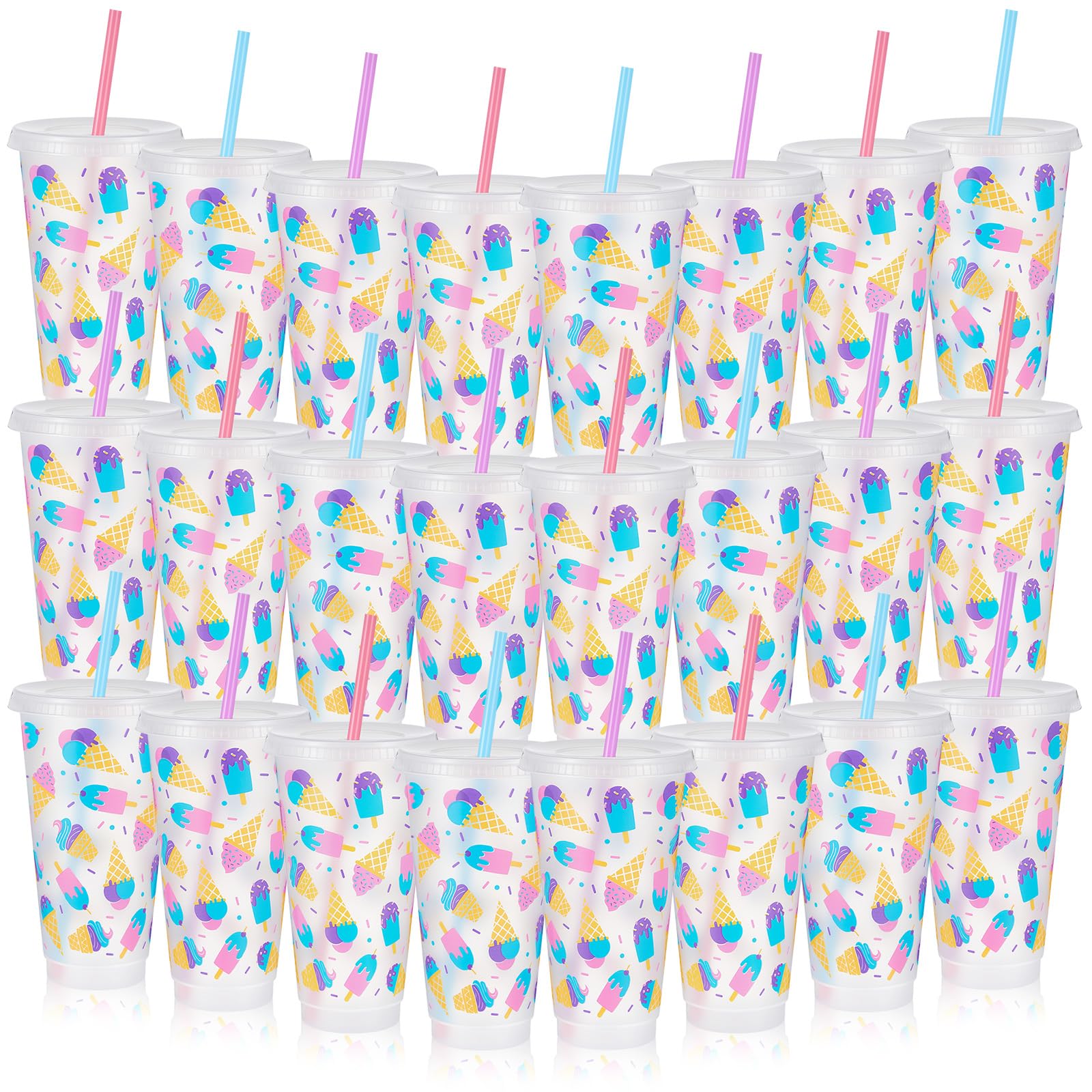 SiliFine 24 Pcs Ice Cream Party Favors 24oz Ice Cream Cups with Lid and Straw Reusable Summer Tumbler for Dessert Theme Birthday Party Favors Sweet Shop Decorations