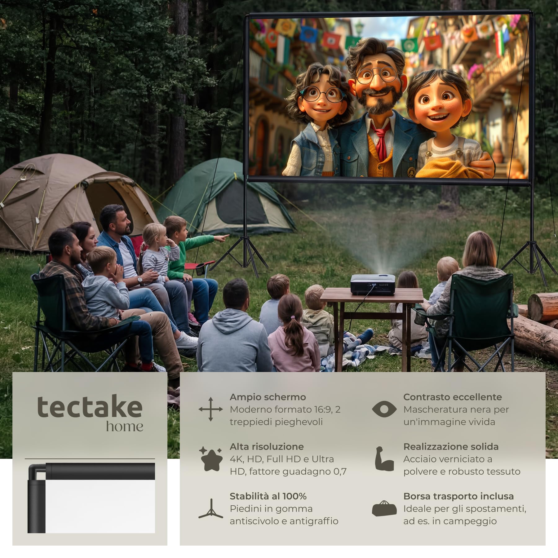 tectake® Telo Proiettore con Treppiede Pieghevoli 16:9 4K HD, 265 x 150 cm, 120", Schermo Proiettore, Borsa Trasporto, Schermo Portatile Cinema Home Theatre telo per proiettore per casa ufficio scuola