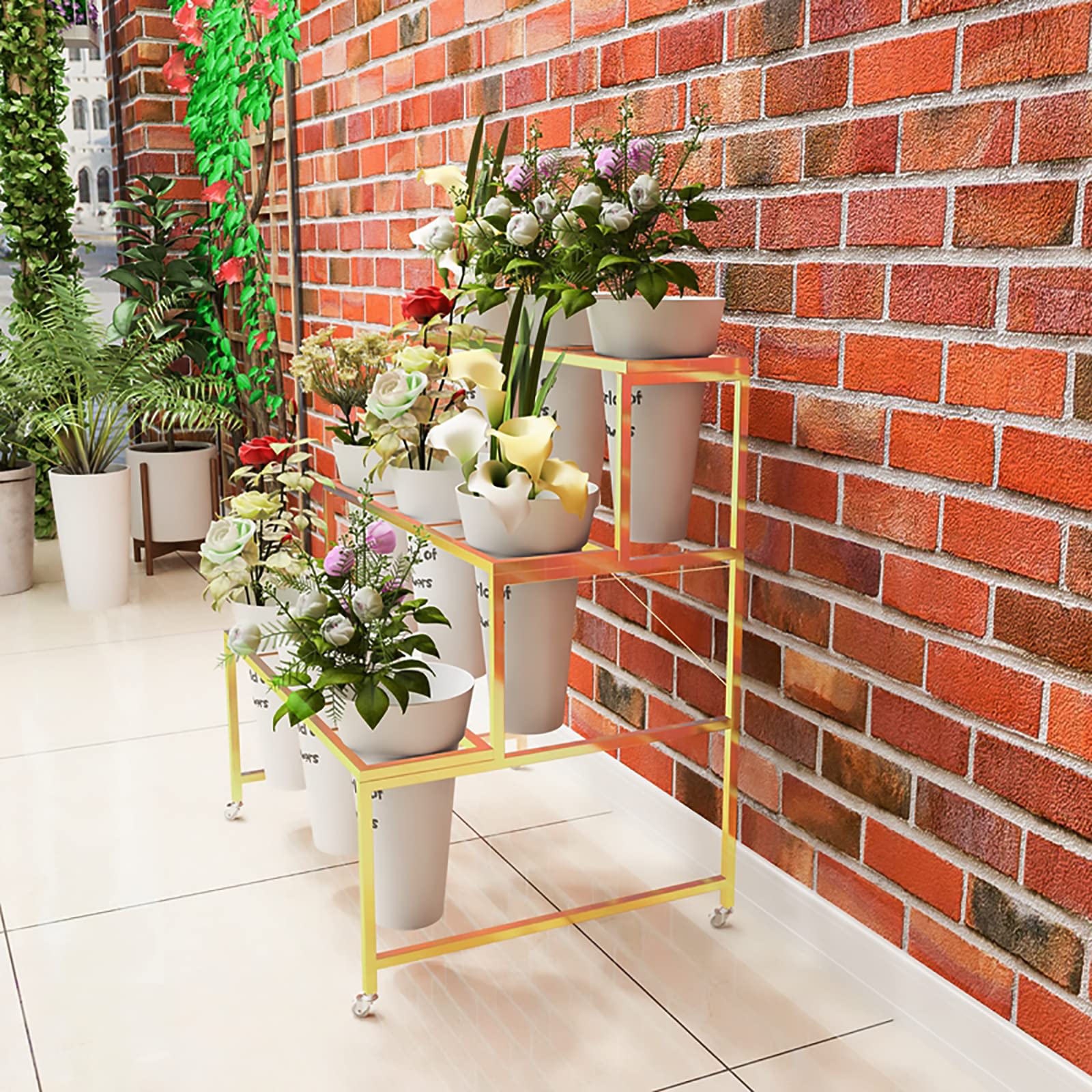 Flower Watering Cart 3-Tier Metal Plant Stand With 12 Buckets - Rolling  Flower Display Cart For Indoor/Outdoor Tall Plant Stand, image size:1600x1600
