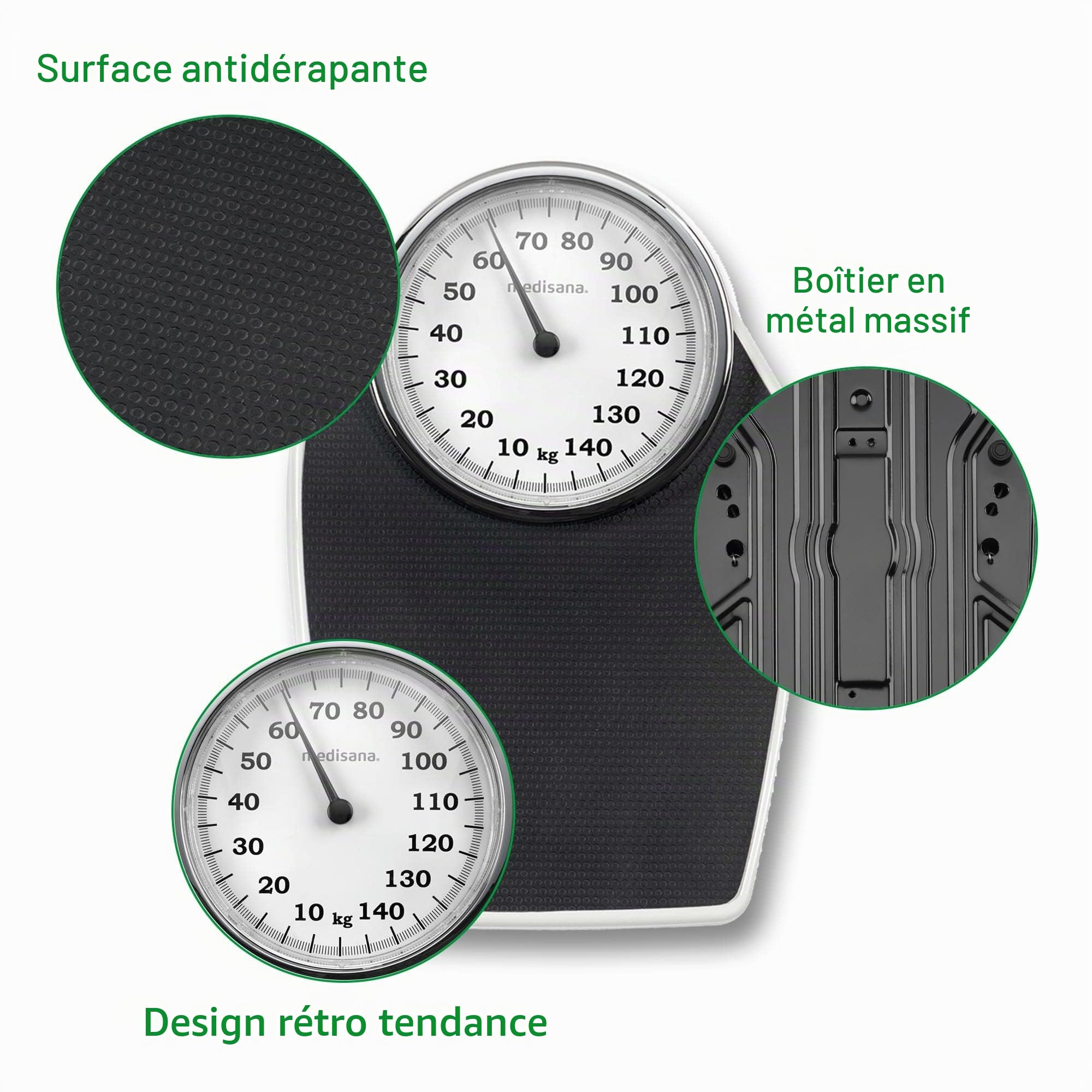 medisana PSD pèse-personne mécanique jusqu'à 150 kg, analogique, pèse-personne rétro au design classique Pèse-personne de salle de bains au design classique et avec grande graduation