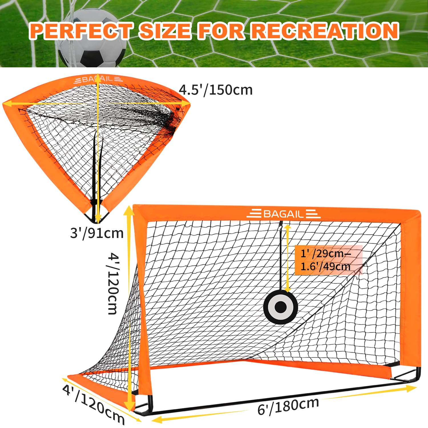 BAGAIL Portería de fútbol, Red de fútbol desplegable con portería, piquetas y Bolsa de Transporte portátil, fácil de Montar, Ideal para Entrenamiento en el jardín y Partidos recreativos.