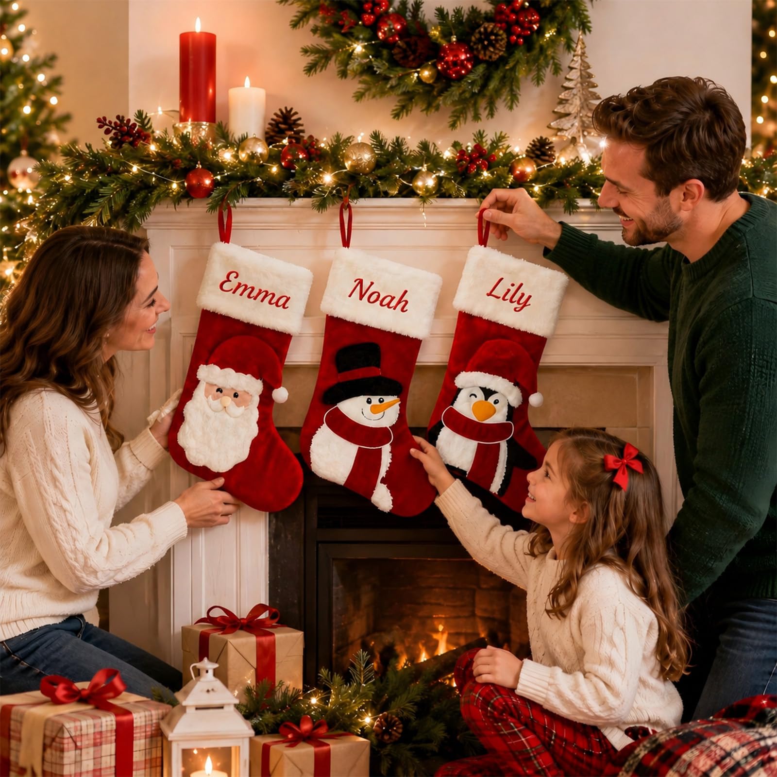 5 Stück Personalisierte Weihnachtsstrümpfe, Samt Rot, Schneemann, 44 cm