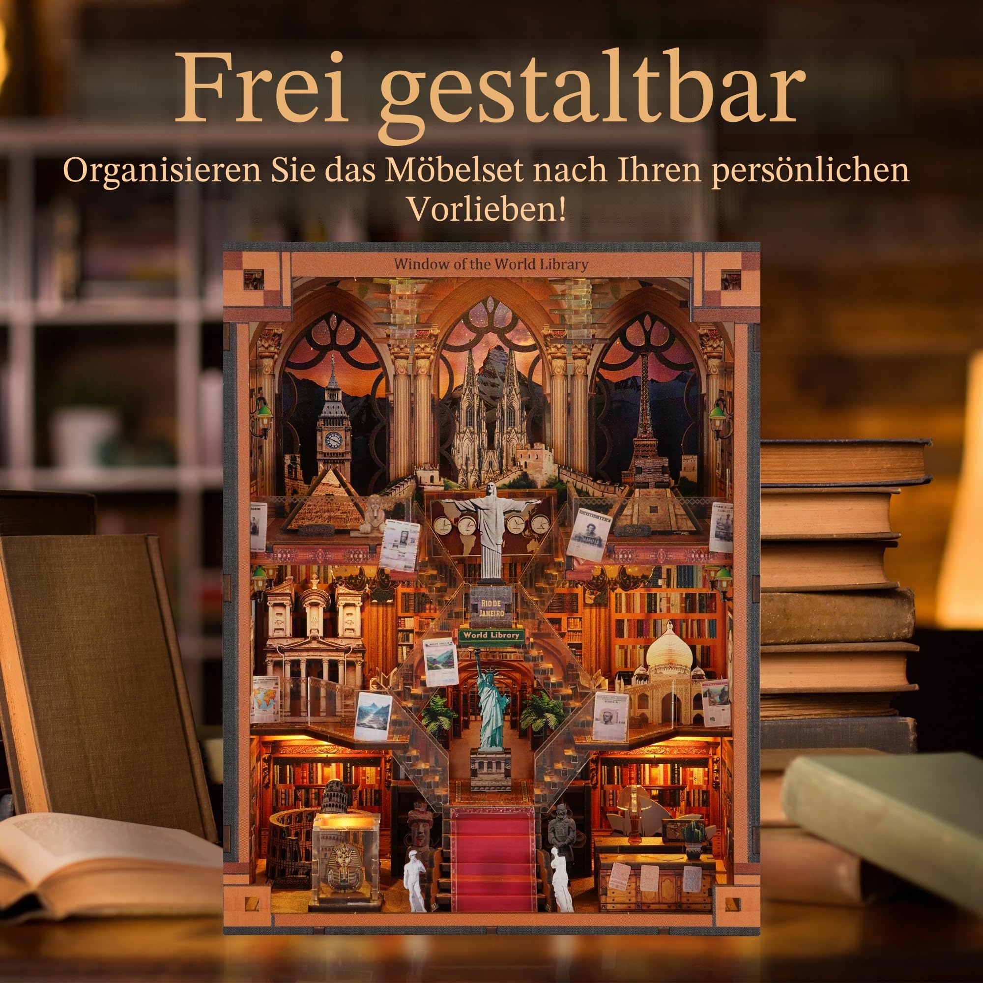 Book Nook Library kit - DIY Miniature House Kit for Adults & Teens, Dollhouse Booknook Bookshelf Insert Decor with LED Light, Unique Gift for Family, Friends（Window of The World）