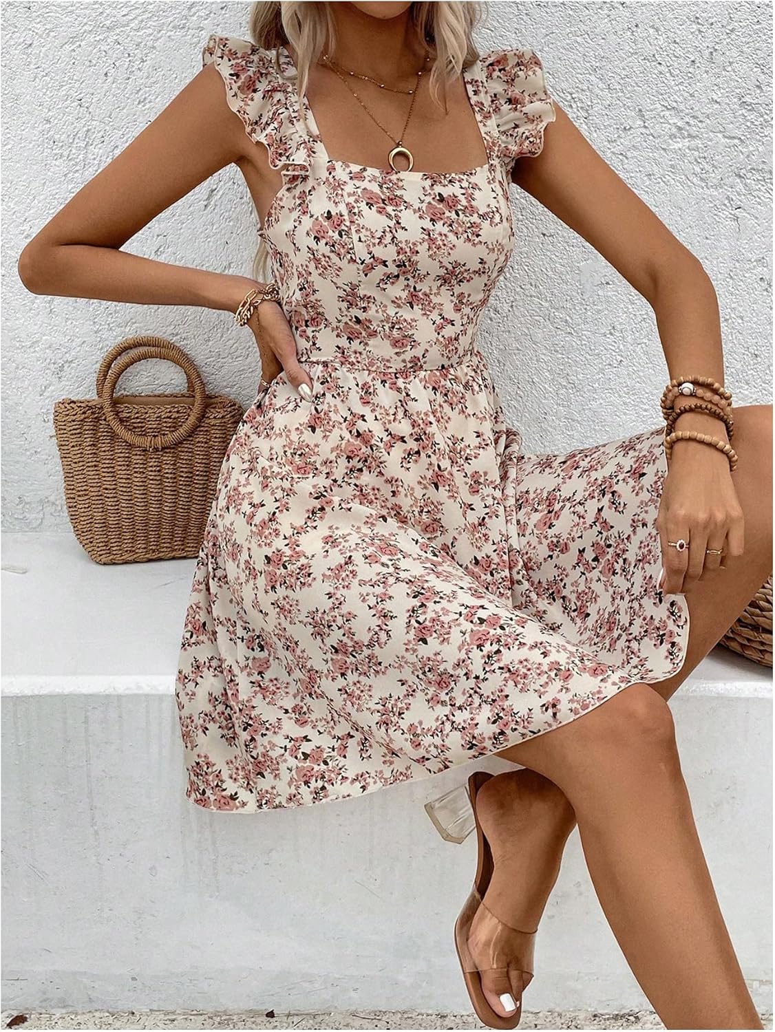 SweatyRocks Women's Bow Tie Back Floral Dress Ruffle Cut Out Sleeveless A Line Short Dresses - Image 5