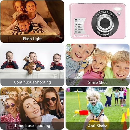 Miniatura 4 de Cámara digital para niños cámara digital de 27 K para adolescentes niños y niñas cámara de zoom digital 16X con tarjeta SD de 32 GB y 2 baterías rosa