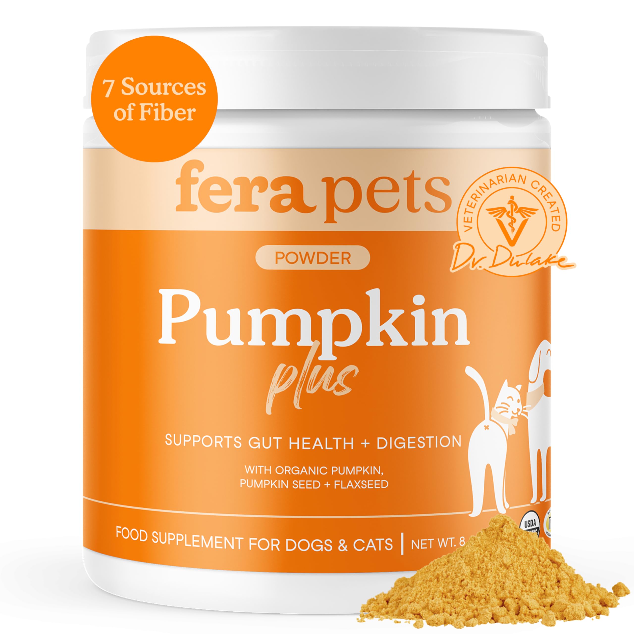 Fera Pet Organics Pumpkin Plus Fiber Supplement for Pets - Vet Created - Dog & Cat Regularity & Gut Function - Organic Pumpkin Seeds, Flax Seeds - 90 Scoops​