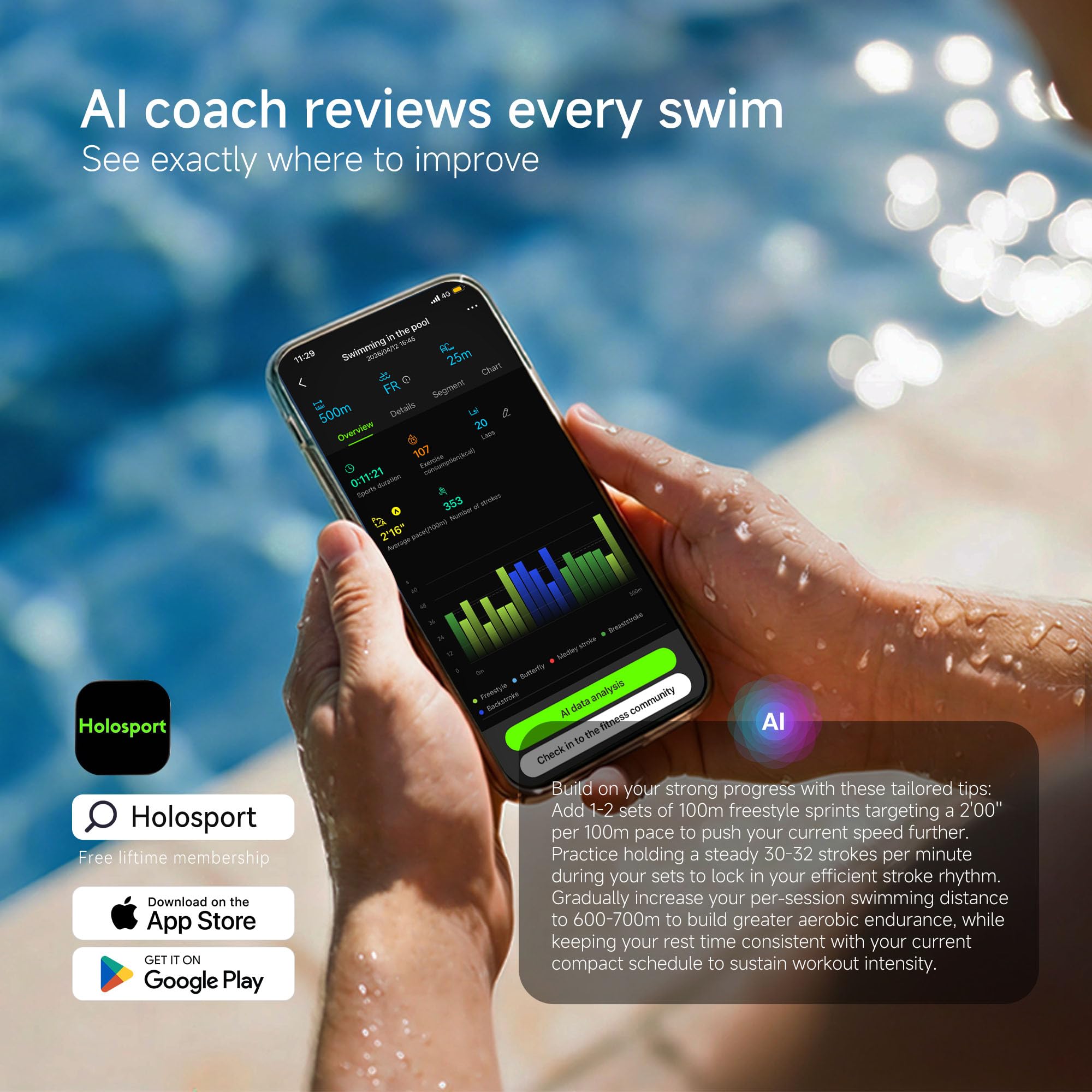 SollaWave AI Music Smart Occhialini da nuoto con cuffie da nuoto integrate, feedback vocale in tempo reale + lettore MP3, sensore di movimento a 9 assi, cuffie impermeabili IP68 per il nuoto, app e
