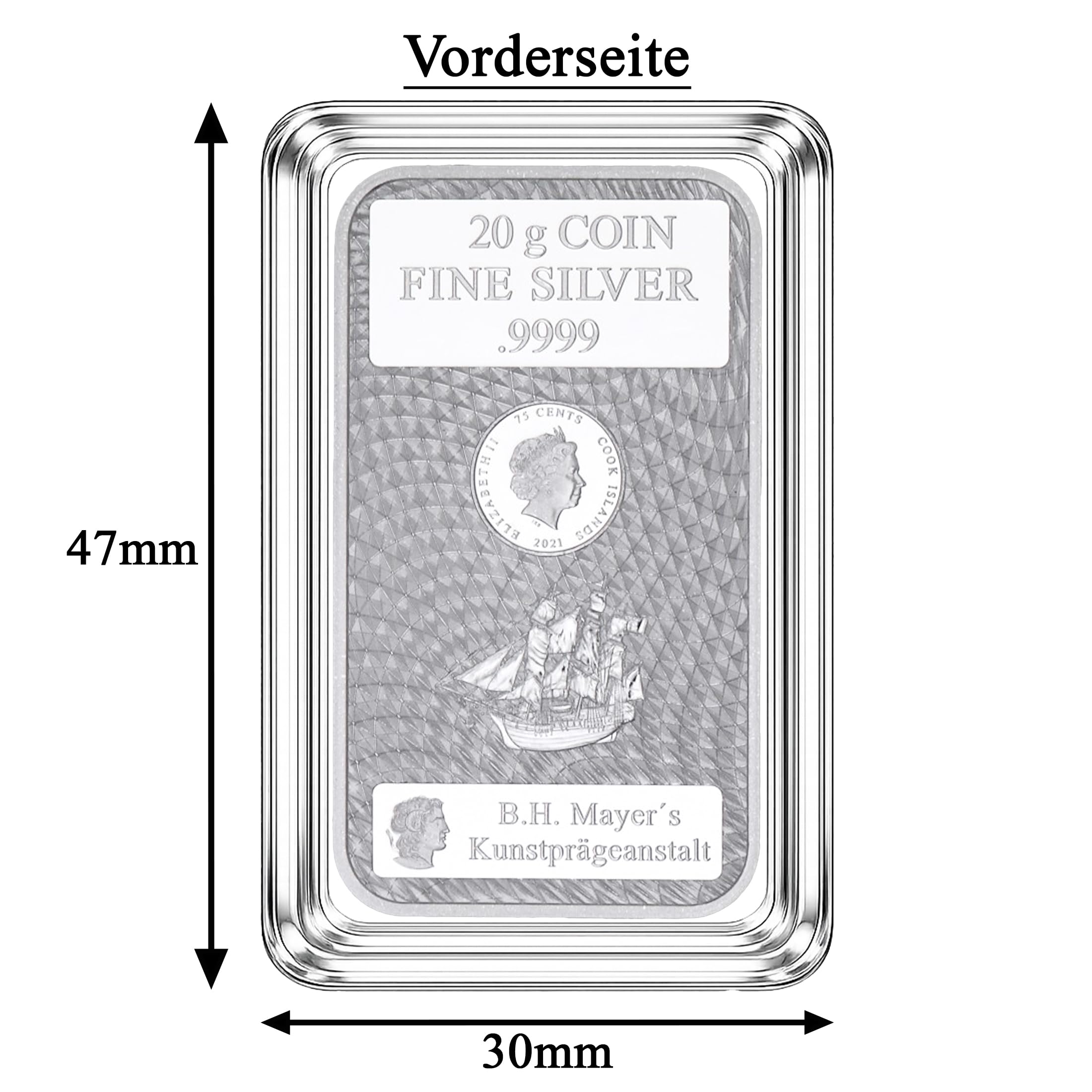 Cook Islands Silberbarren 20g – 999,9 Feinsilber Münzbarren – in transparenter Münzkapsel – inkl. Geschenkbeutel, Grußkarte & silbermetallic Umschlag