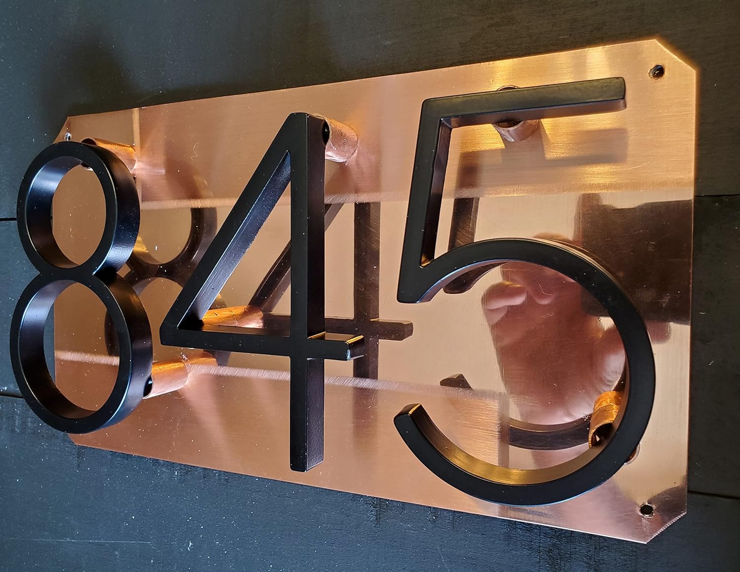 Pure Copper hand polished address sign, modern address plaque by J2K Metal.