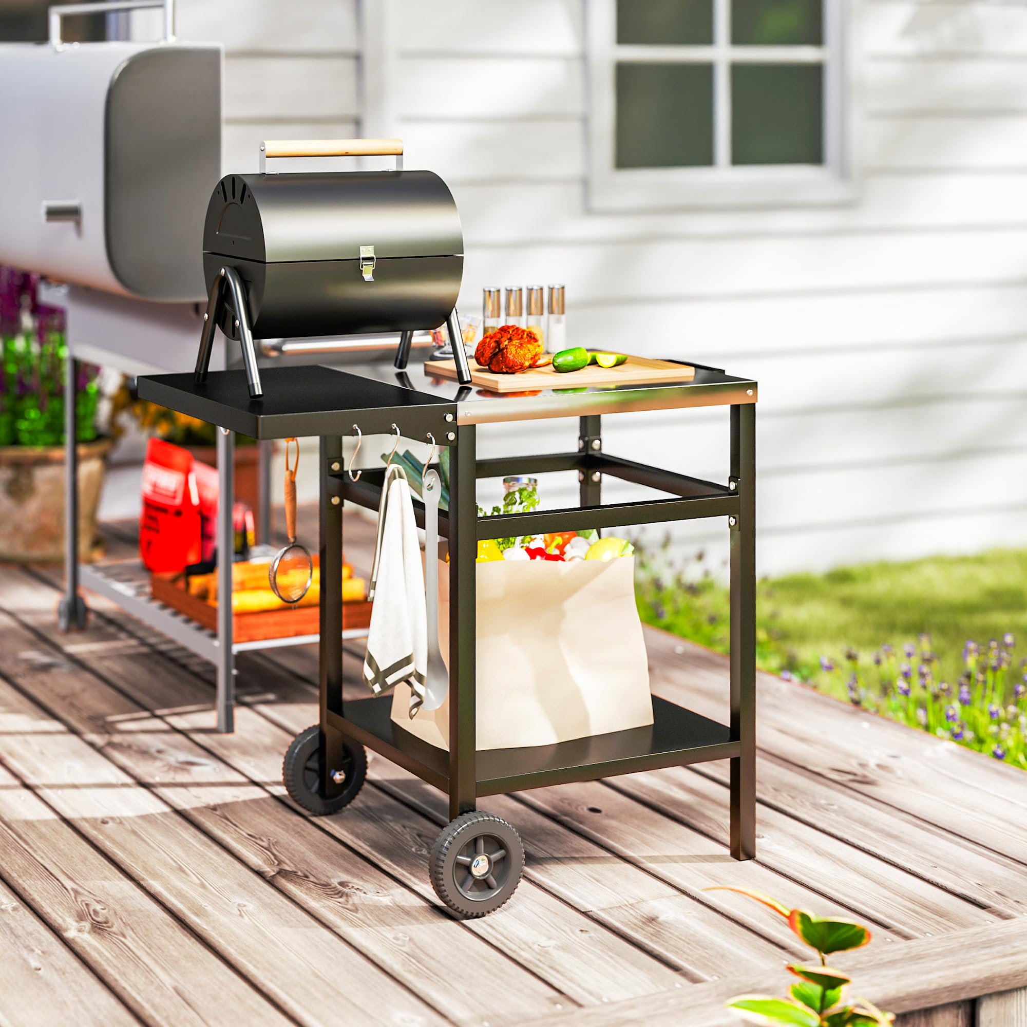 Outsunny Carrito de Barbacoa Superior de Acero Inoxidable con Estante Plegable, Mesa de Cocina Exterior para Horno de Pizza con Ruedas, Asa, 6 Ganchos y Tapa Protectora, 91x58x76 cm, Negro