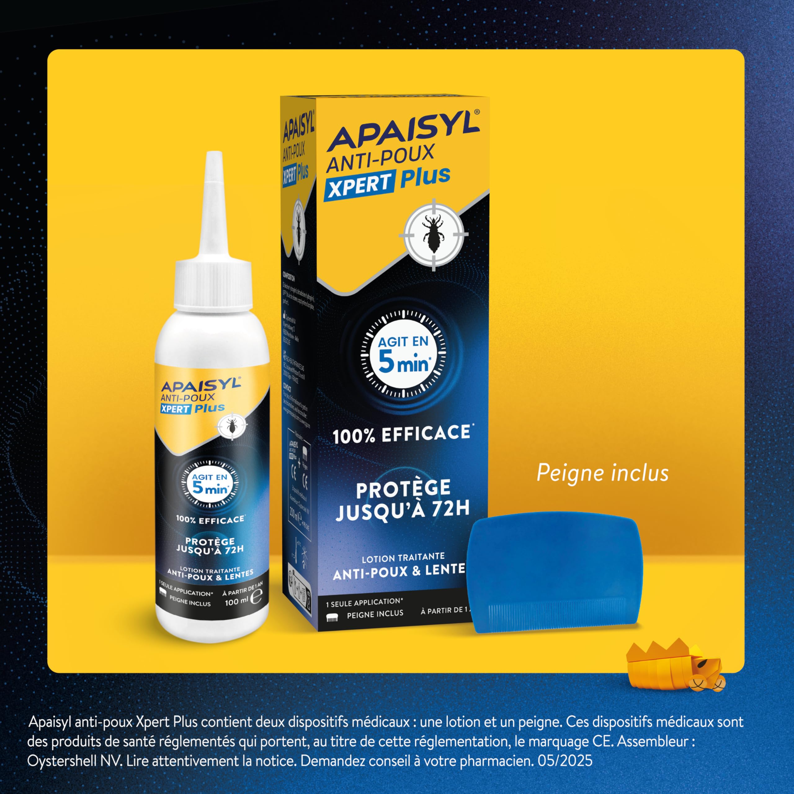 APAISYL Anti-Poux Xpert Plus - Lotion Anti-Poux et Lentes 100% Efficace en 5 min - Protection 72H contre Réinfestations - Dès 1 an - Peigne Inclus - 200 ml